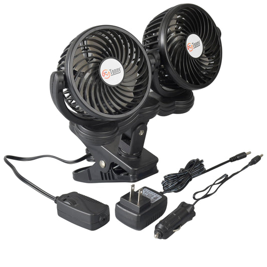 TN TONNY Brushless Motor Dual Head Clip On Fan,with DC 12V and AC 110V Power Adapter in Car and Home Use, 7 Blades Air Cooling Dual Head Fan