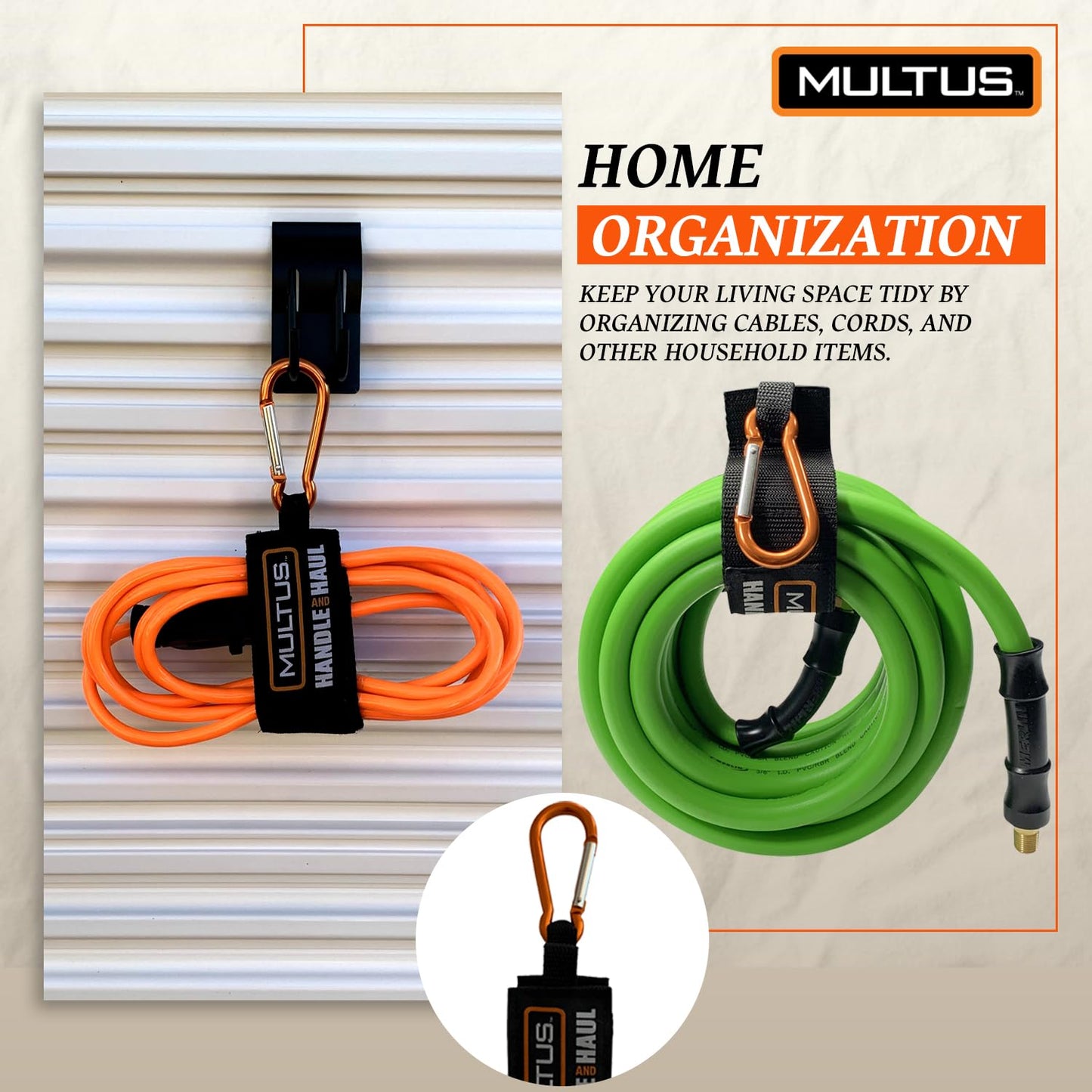 MULTUS Hook and Loop Caribiner Storage Strap for Home Shop Garage to Organize Electric Cords Tools Ropes Cable Strap Hoses Groceries and Travel Strap