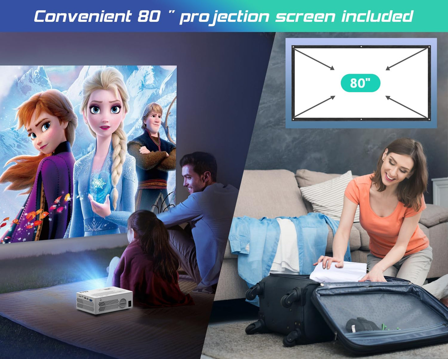 TMY Projector with WiFi and Bluetooth?80" screen included?Native 1080P Outdoor Projector, 4K Supported Portable Projector, Compatible