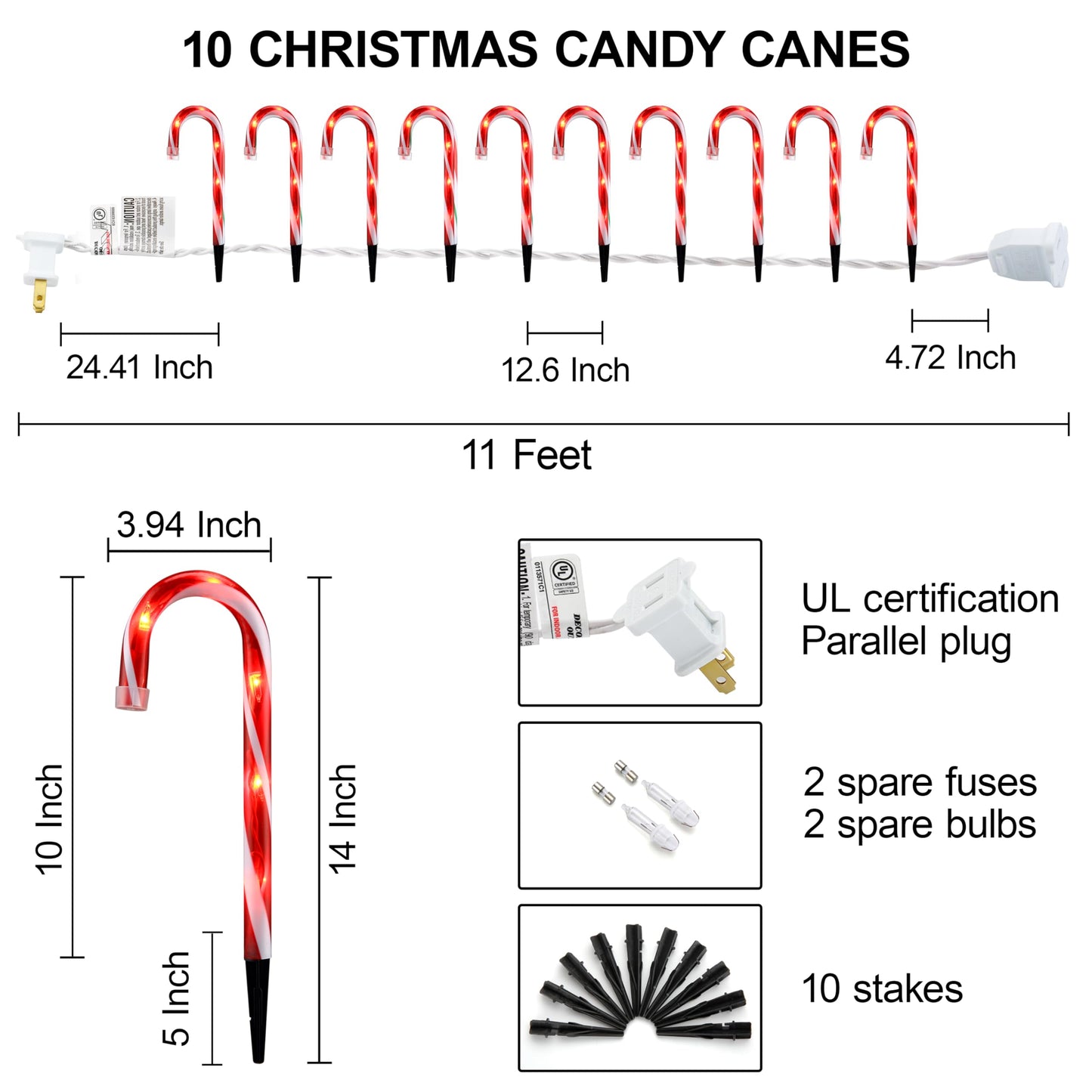 Candy Cane Lights - 10 Pack Candy Cane Pathway Lights, 10" Christmas Candy Cane Light Red, Outdoor Candy Cane Christmas Decor for Walkway, Driveway
