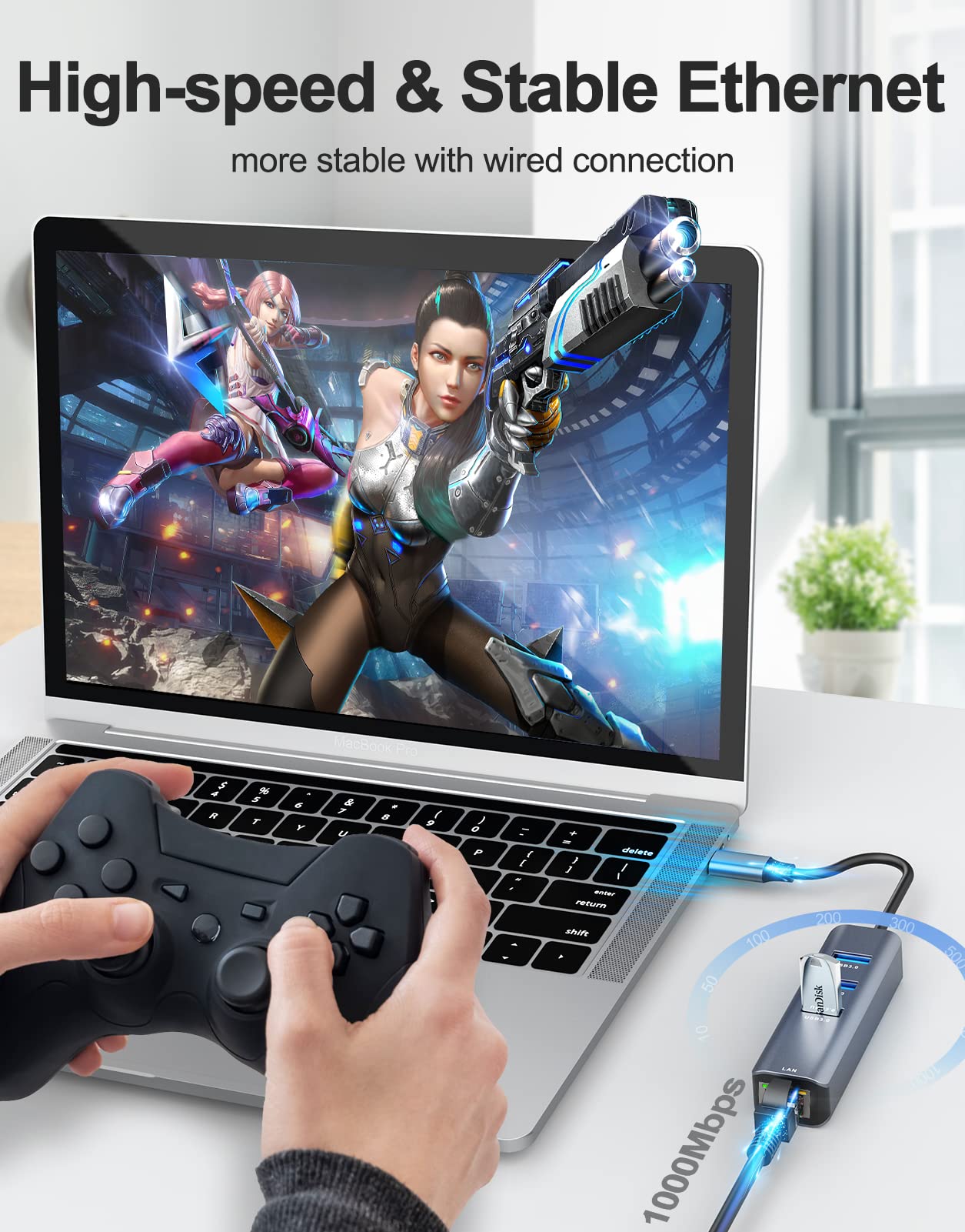 ABLEWE USB C to Ethernet Adapter, 4-in-1 RJ45 to USB-C/Thunderbolt 3 to Gigabit Ethernet LAN Network Adapter for MacBook Pro/Air 2023/2024, iPad Pro