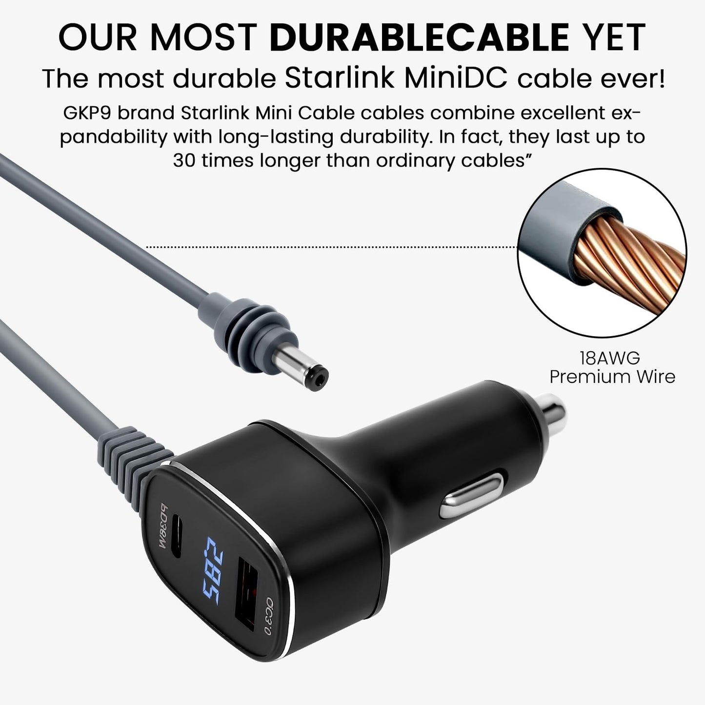 GKP9 Starlink Mini Car Adapter, Starlink Mini Cable 3 in 1, 12v-24v Adapter Dc Power Cable with Digital Display, Waterproof 16awg Car Power Supply