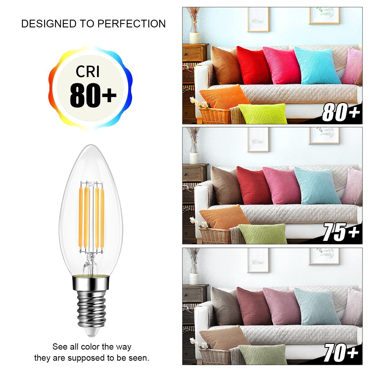 CTKcom 4-Pack 6W Candelabra LED Bulbs,E14 Dimmable COB LED Filament Candle Light Bulb,2700K Warm White 600LM,60W Incandescent Equivalent,Antique Light