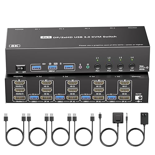 KVM Switch 3 Monitors 4 Computers with Audio, HDMI + DisplayPort 8K@30Hz/4k@144Hz DP KVM Switcher, USB 3.0 KVM Switches for 4 PC Share 3 Display