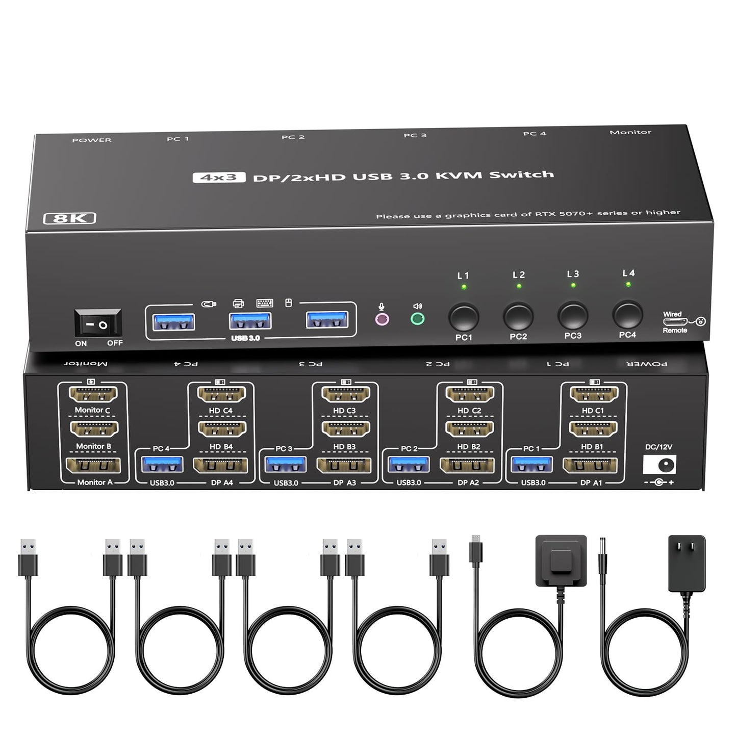 KVM Switch 3 Monitors 4 Computers with Audio, HDMI + DisplayPort 8K@30Hz/4k@144Hz DP KVM Switcher, USB 3.0 KVM Switches for 4 PC Share 3 Display