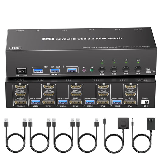 KVM Switch 3 Monitors 4 Computers with Audio, HDMI + DisplayPort 8K@30Hz/4k@144Hz DP KVM Switcher, USB 3.0 KVM Switches for 4 PC Share 3 Display