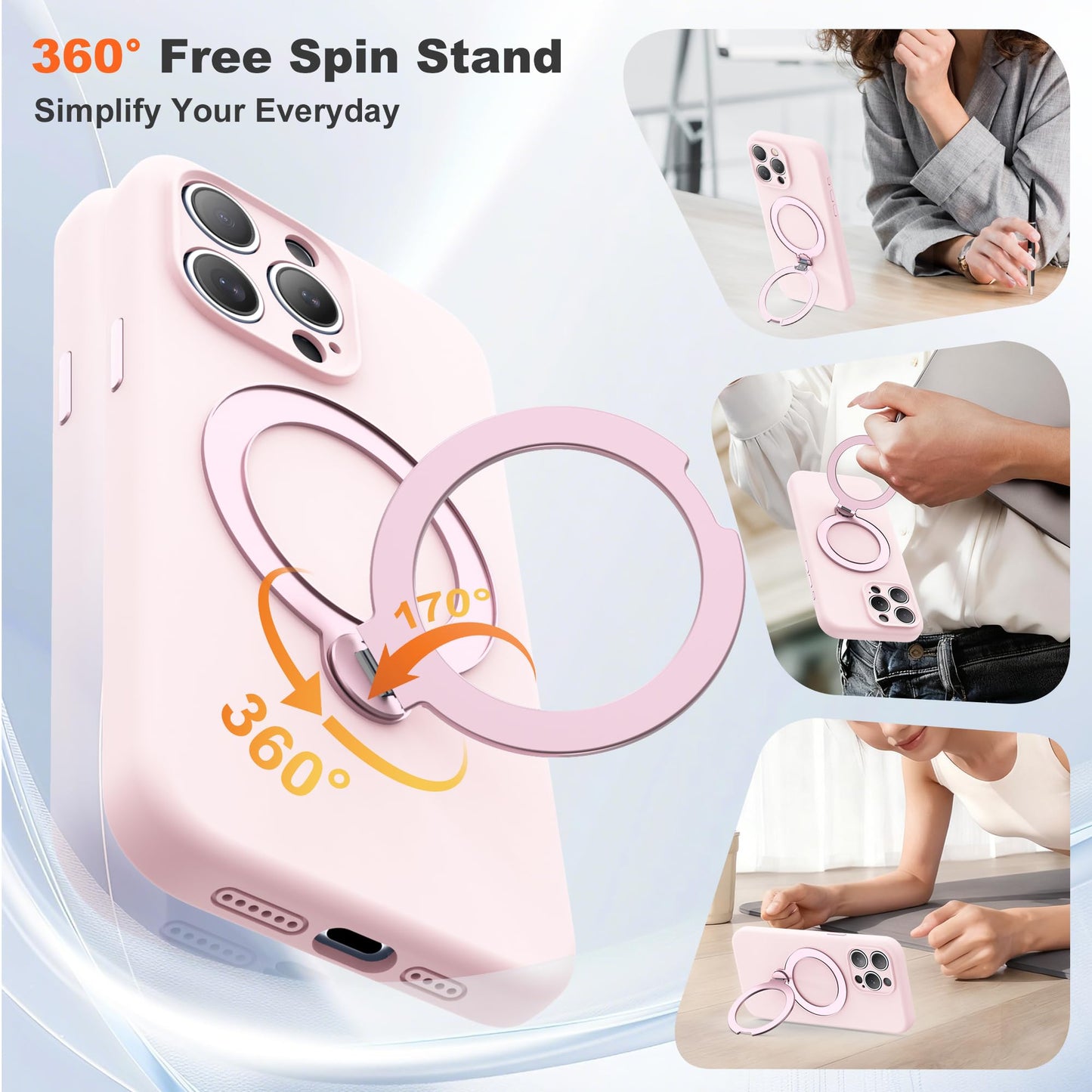 LEKMOTIN Compatible with iPhone 15 Pro Case 6.1'' with 360 Spin Magnetic Ring Stand[Compatible with Mag-Safe] Soft Liquid Silicone 15 Pro Case for Men