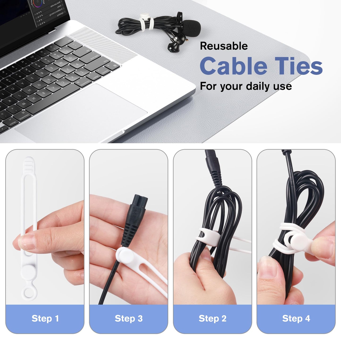 Wekcpta 60pcs Silicone Cable Ties 4.3 inch Reusable Cord Ties cord wrap Straps Keeper Wire Ties cable organizers for Charging Cords Wire Desk Cable