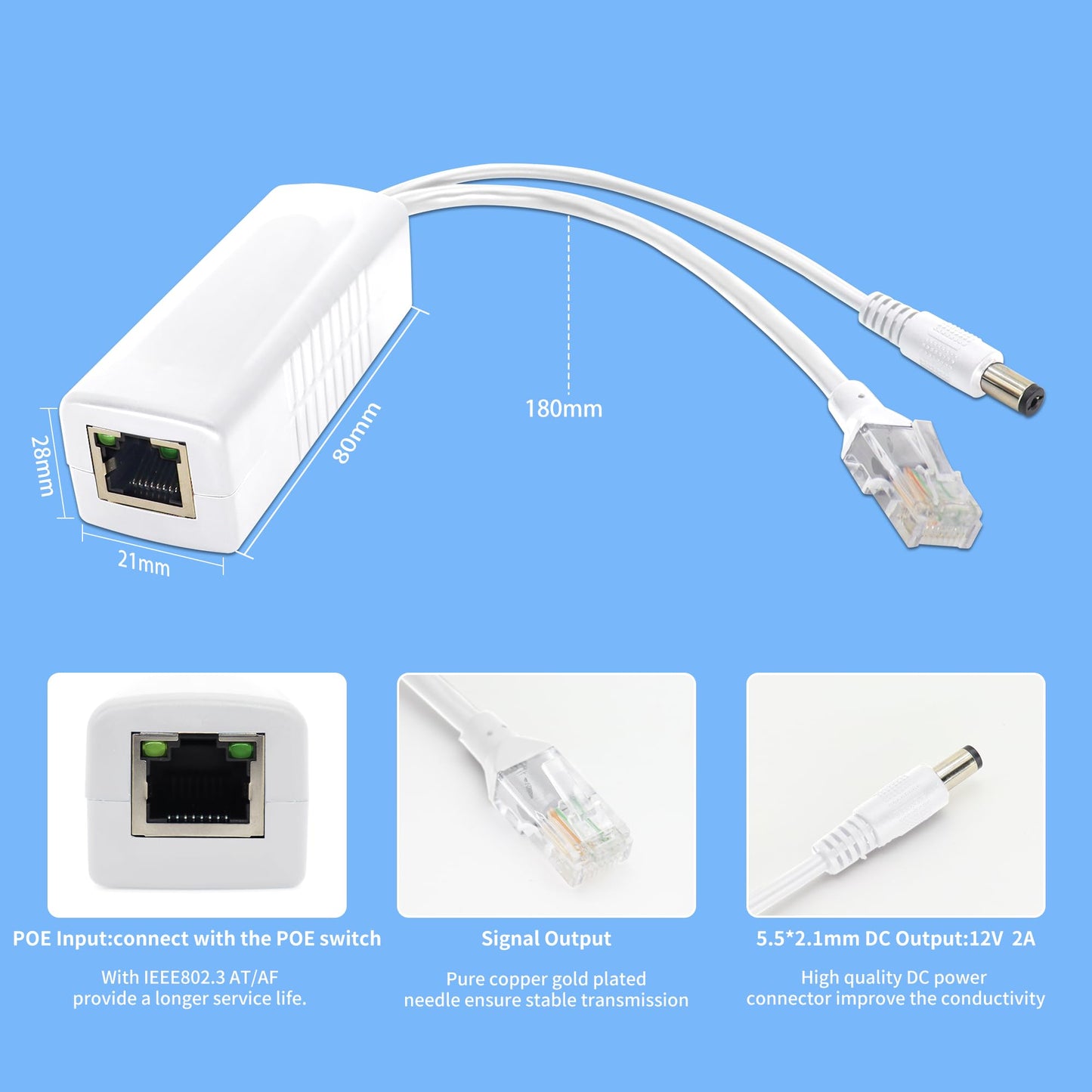Gigabit PoE Splitter 12V DC 5.5x2.1mm, 48V to DC 12V/2A Output, 1000Mbps, IEEE802.3af/at, PoE Adapter Active for IP Camera, AP and Other DC Power