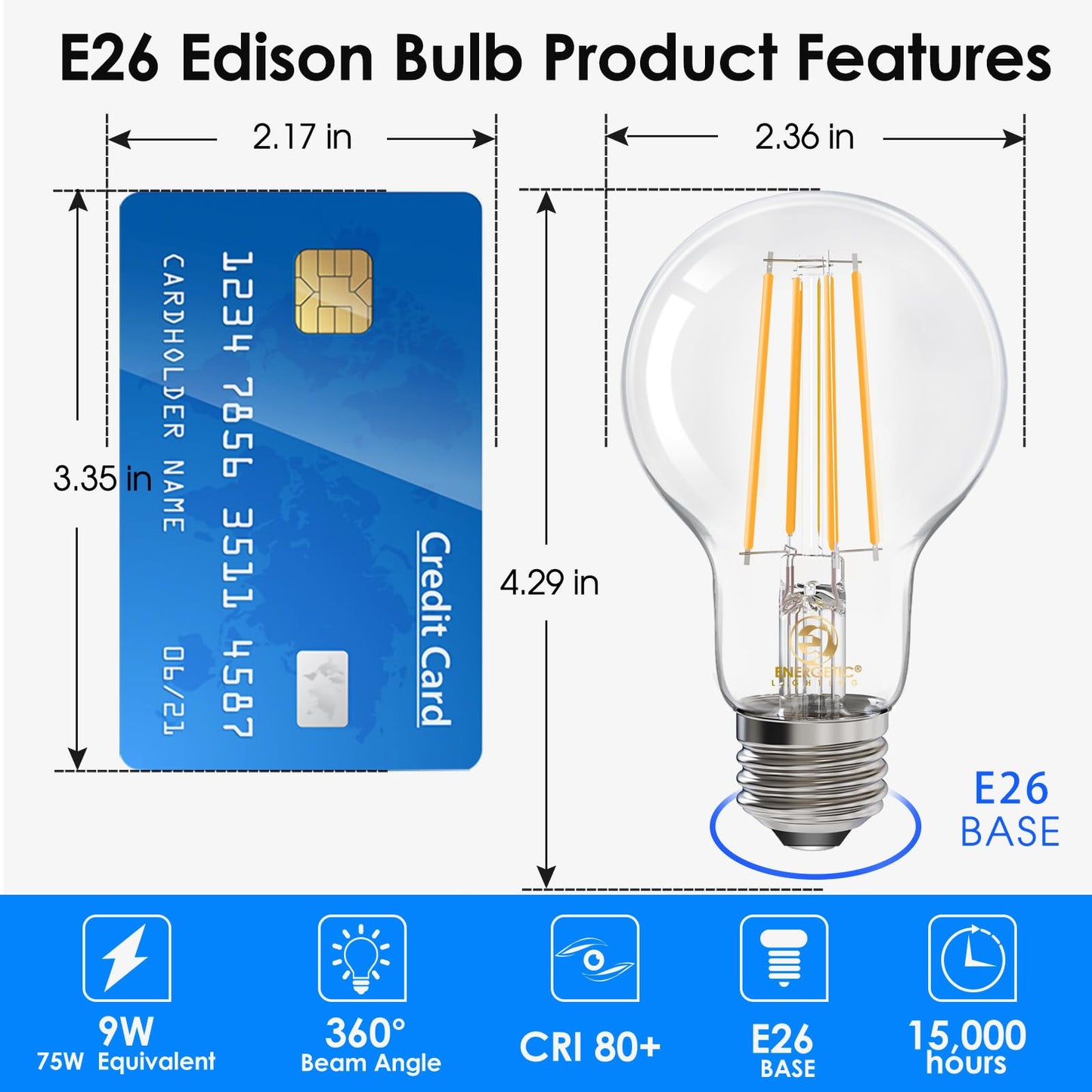 Energetic A19 LED Light Bulb 75W Equivalent, Efficient 9W, Dimmable, 2700K Soft White, 1100 Lumens, Classic Edison A19 LED Filament Light Bulbs