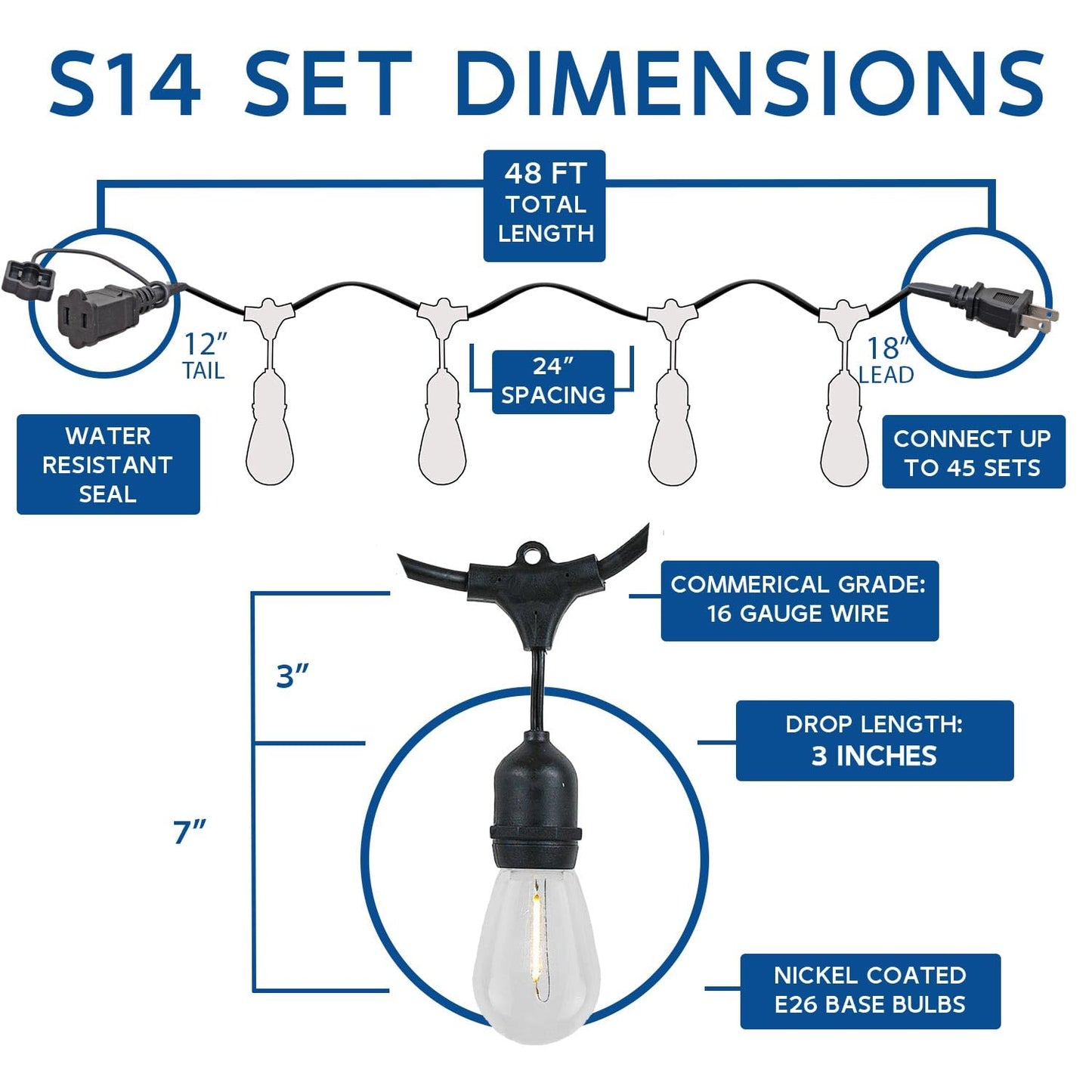 Novelty Lights 48 Feet Warm White, 2200K LED String Lights Outdoor with 24 Edison Style Bulbs, Suspended Sockets, White Wire, Shatterproof