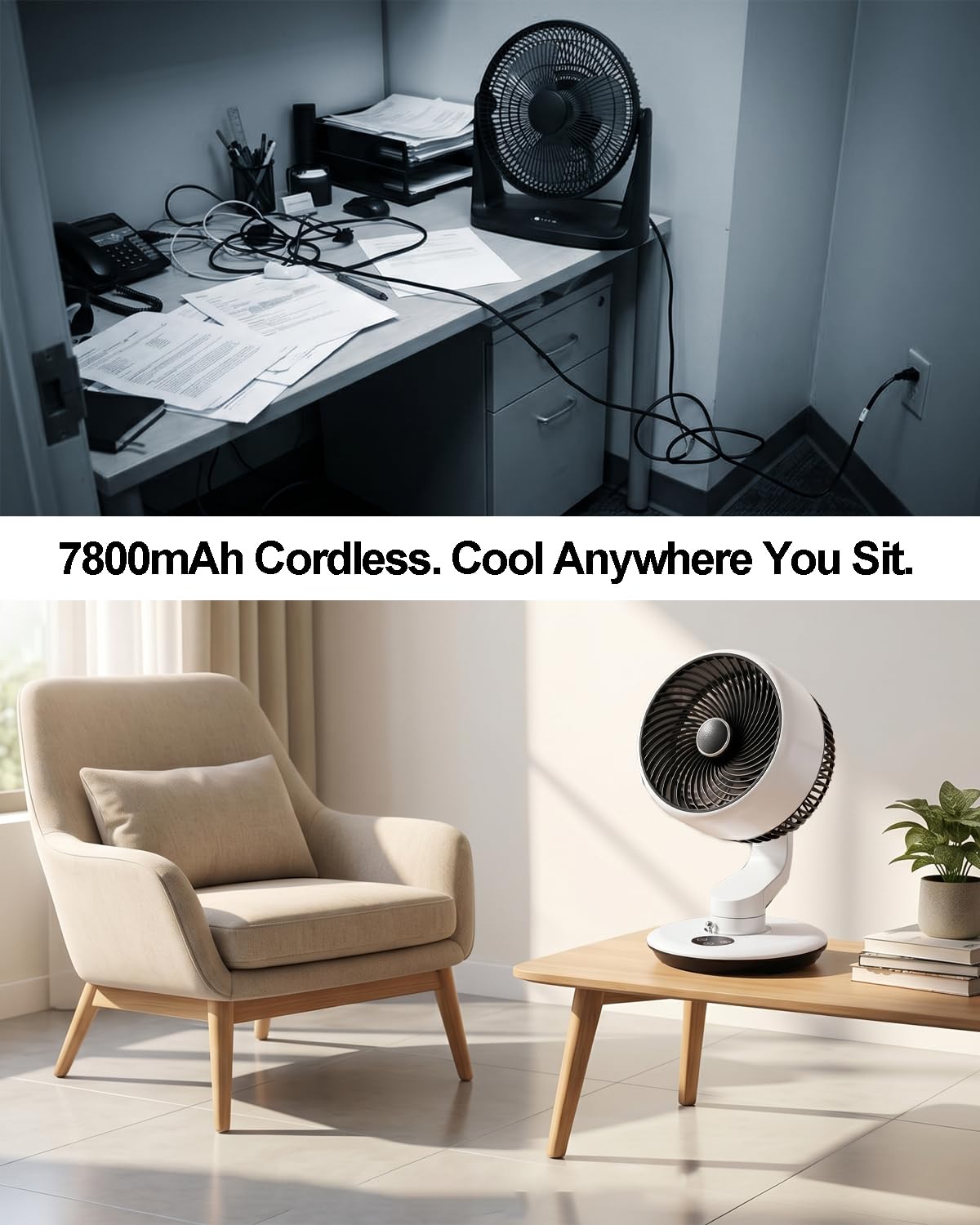Desk Fan for Bedroom Air Circulator, Battery Powered Tabletop Fan, White