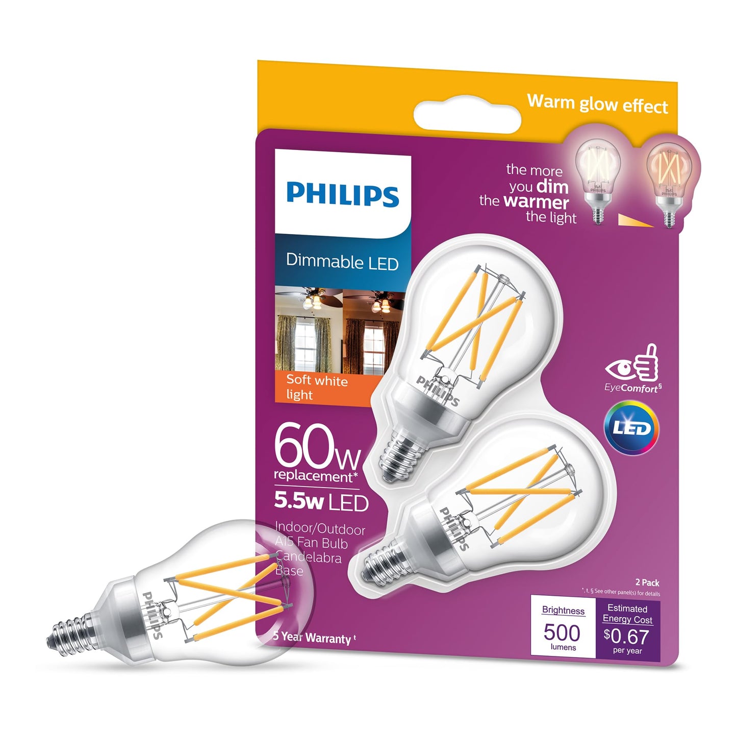 Philips LED Clear Dimmable, Warm Glow Effect A15 Light Bulb - Pack of 2 - EyeComfort Flicker Free - 5.5W=60W - 500 Lumen - Soft White (2700K) - E12