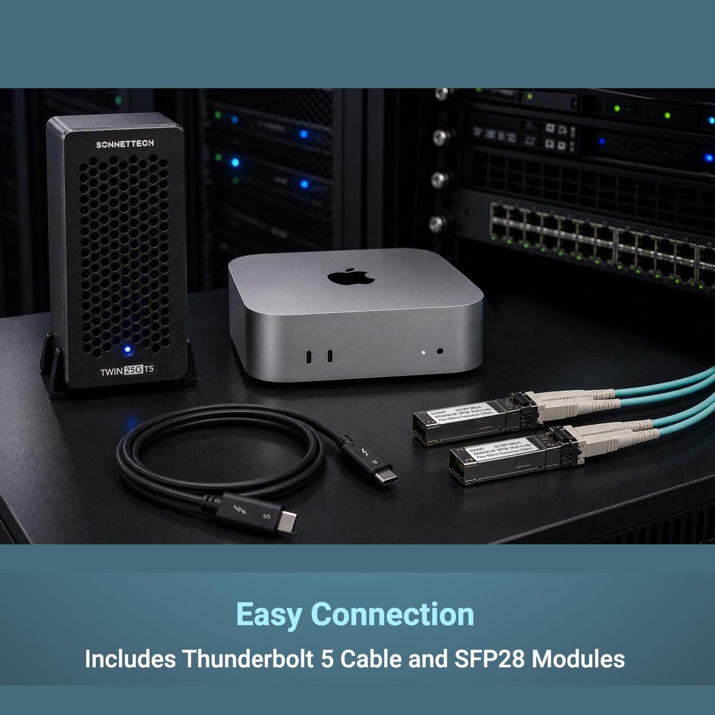 Sonnet Twin25G T5 Thunderbolt 5 to Dual 25Gb Ethernet Adapter - 25GbE Network Adapter 2 SFP28 Transceivers for Mac, Window and Linux