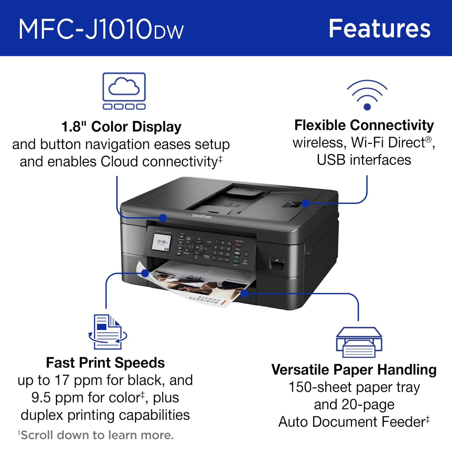 Brother MFC-J1010DW Wireless Color Inkjet All-in-One Printer, Duplex Printing, Mobile & Cloud Print, Compact Design, 1.8" Color Display, Works