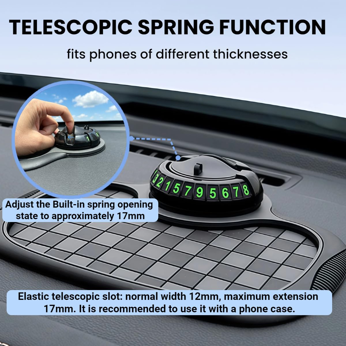 Vilhunase Multifunctional Car Anti-Slip Mat 360° Rotatable Phone Holder Hidden Temporary Parking Number Plate Anti-Slip and Storage Mat(Black-Gray