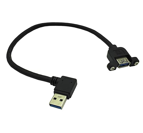 Panel- Mount USB 3.0 Extension Cable, Haokiang 1 ft/30cm 90 Degree Right Angle USB 3.0 Type A Male to Type A Female with Screw Hole Panel Mount