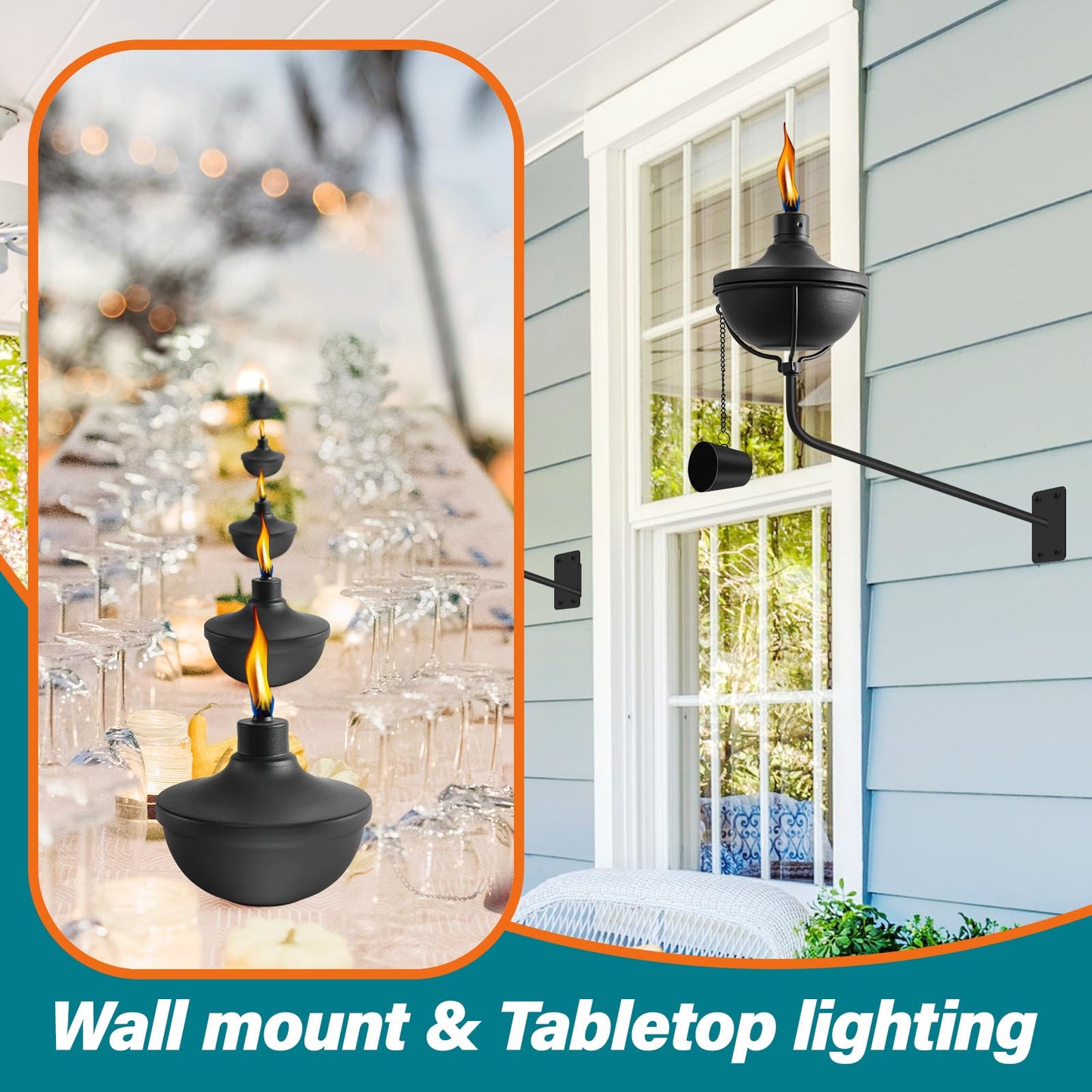 FAN-Torches Wall Mounted Citronella Torches Set of 6, 24 oz Garden Torches for Outside, Refillable Flame Light Torch, Outdoor Metal Torch for Yard
