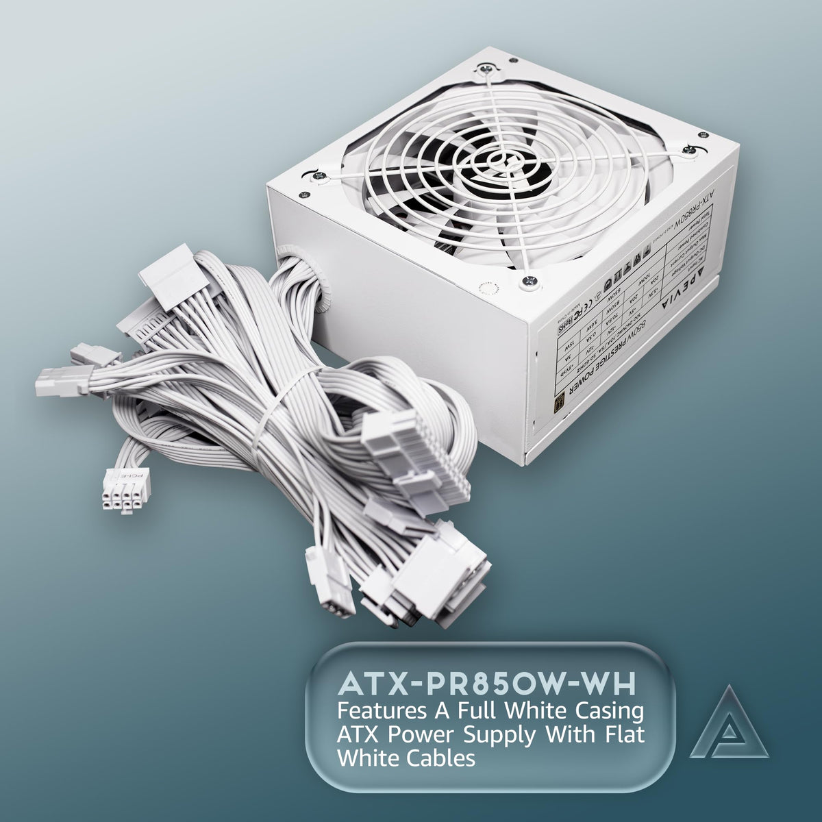 Apevia ATX-PR850W-WH PCIE 5.0 & ATX 3.0 Prestige 850W 80+ Gold Rated, PCIE 5.0 / Gen 5 12VHPWR Connector, Active PFC ATX Gaming Power Supply White