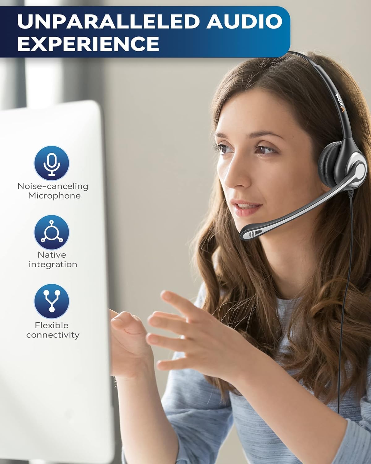Wantek Yealink Phone Headset with Noise Canceling Mic, RJ9 Office Telephone Headsets with Mic Noise Cancelling Compatible with Yealink VoIP Phone T21P