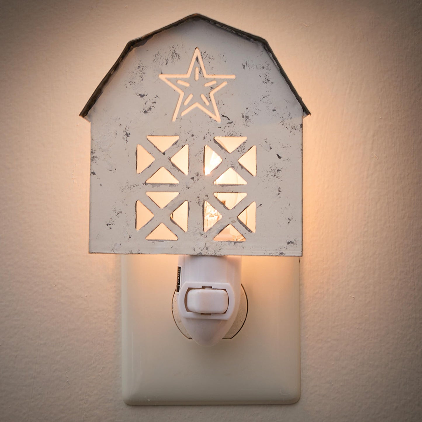 Park Designs Distressed White Barn Night Light | Rustic Metal Plug-in Accent with Star & Window Cutouts | Soft Neutral Illumination | Farmhouse