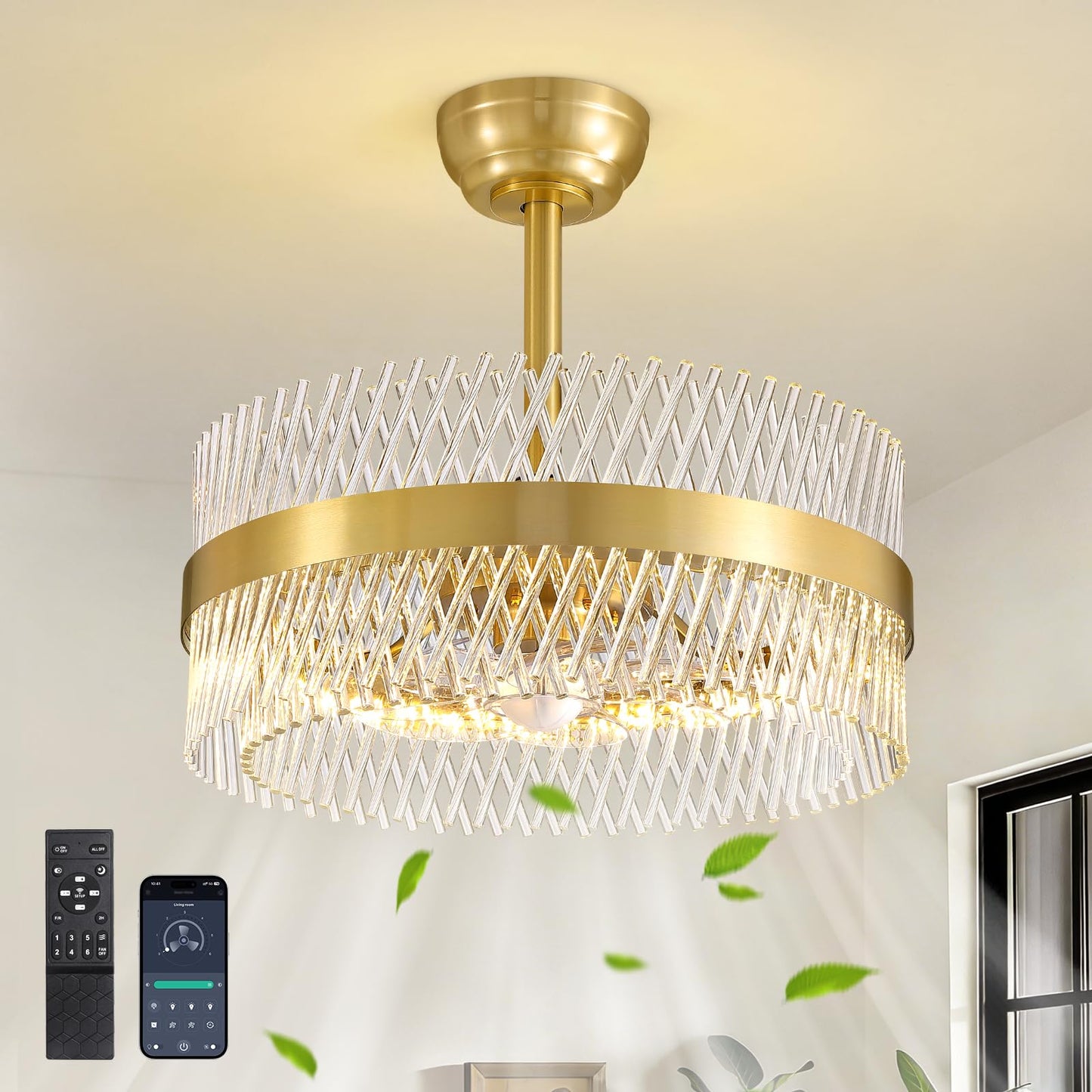 NOXARTE 20 Inch Fandelier Ceiling Fans with Light, Crystal Chandelier Fan, Gold Ceiling Fan with Remote, Modern Fandelier with 6 Reverse Speed, 3CCT
