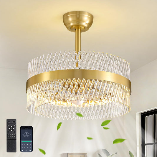 NOXARTE 20 Inch Fandelier Ceiling Fans with Light, Crystal Chandelier Fan, Gold Ceiling Fan with Remote, Modern Fandelier with 6 Reverse Speed, 3CCT