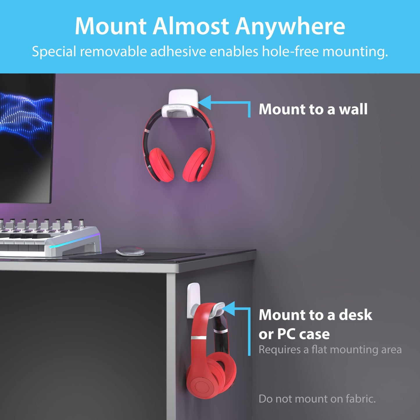 TotalMount Headphone Holder - Hanger Won’t Damage Your Wall with Screws or Permanent Adhesive (Studio-Grade White - One Pack)