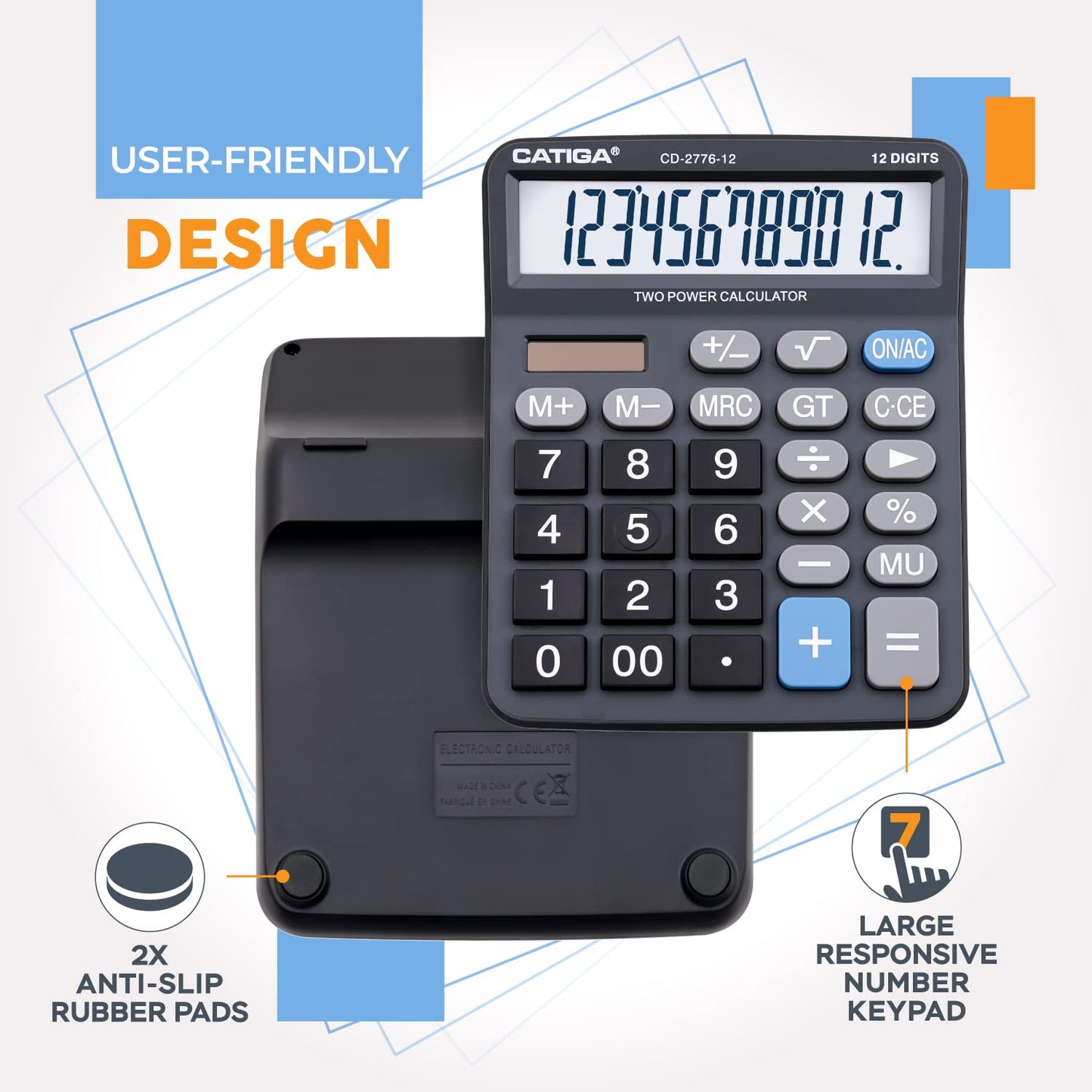 Premium Commercial 12-Digit Large Desktop Calculator with Huge 5-Inch LCD Display Screen, Giant Responsive Buttons, Battery and Solar Powered, Perfect