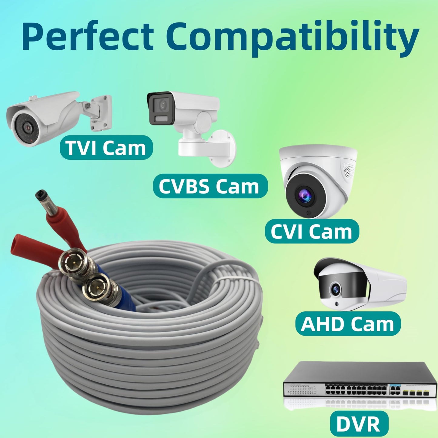 LETONDA 4PCS 100ft/30m Integrated BNC Video Power Cable ext. for Security Cameras, CCTV, Surveillance & DVR installs. Free 8×BNC connectors + 100 Wire