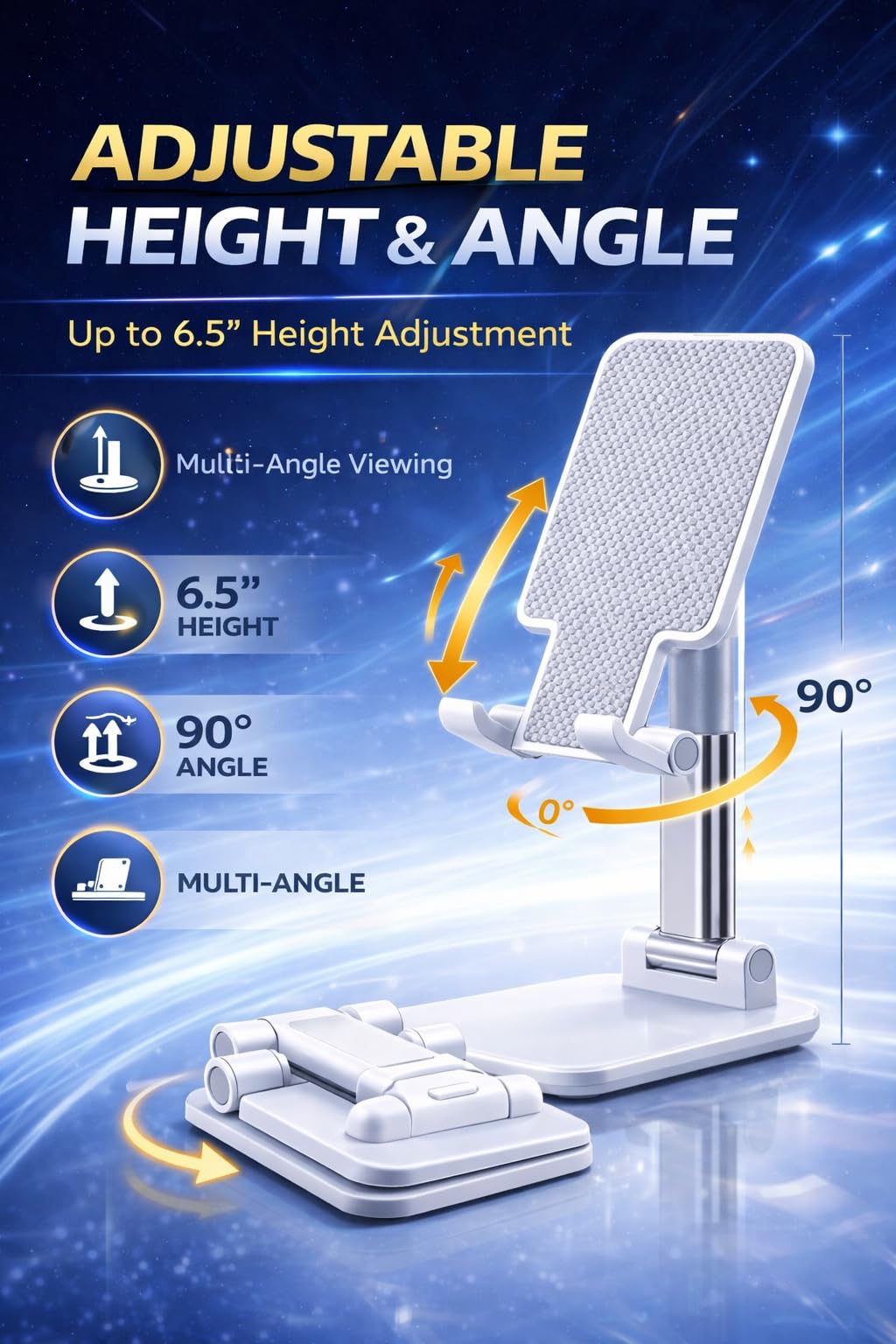 MVGLO Adjustable Phone Stand for Desk, Foldable Cell Phone Holder with Height & Angle Adjustment, Anti-Slip Base, Compatible with iPhone, Android