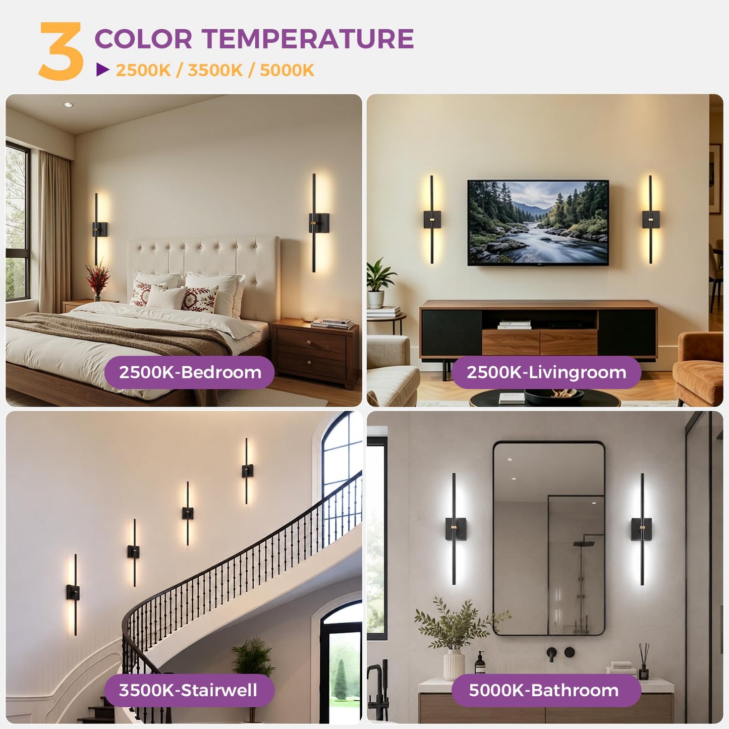Joossnwell Battery Operated Wall Sconces Set of 2, Rechargeable Wall Light Wireless with Remote, Modern Wall Lamp 360° Rotate, Black 3CCT Sconce Wall