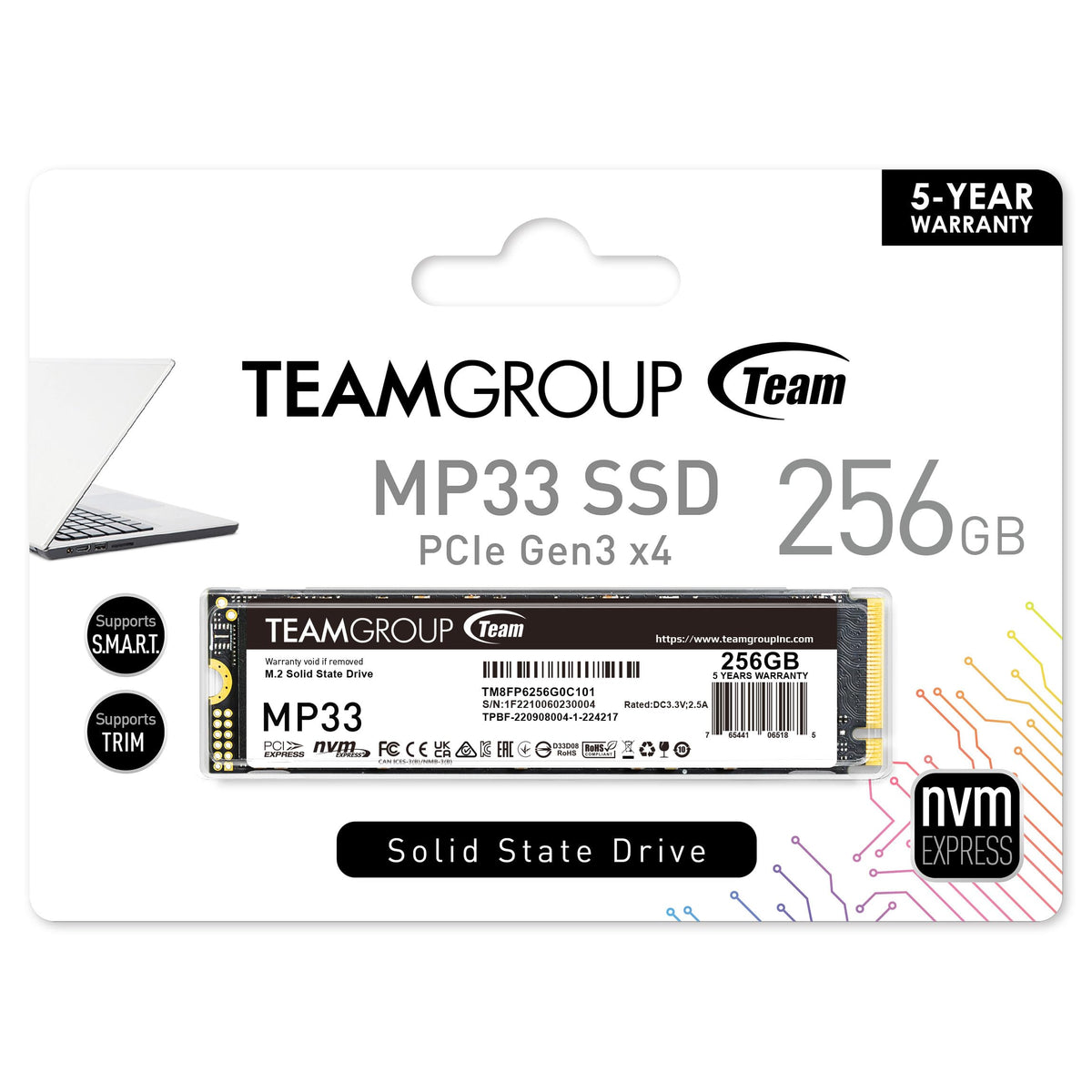 TEAMGROUP MP33 256GB SLC Cache 3D NAND TLC NVMe 1.3 PCIe Gen3x4 M.2 2280 Internal SSD R/W Speed up to 1600/1000 MB/s Laptop&PC Desktop TM8FP6256G0C101