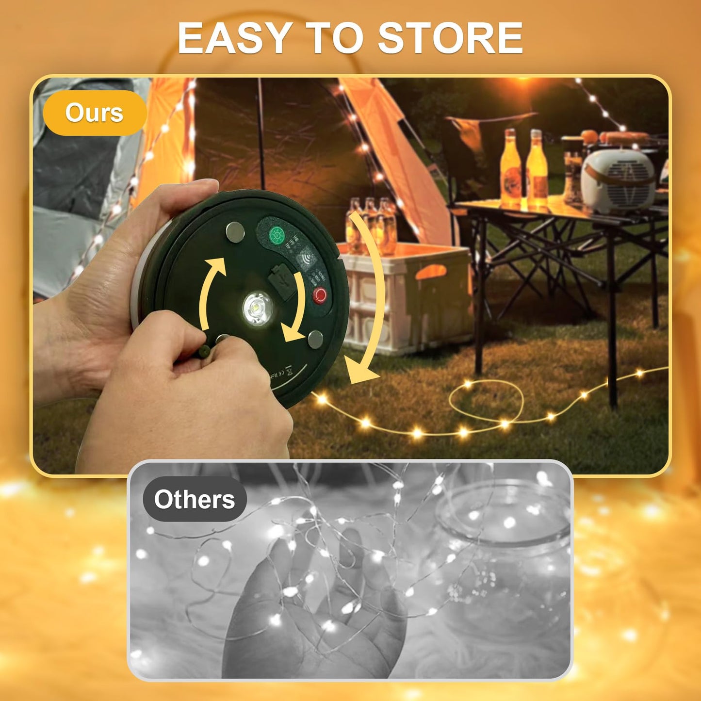 Camping String Lights, 4 in 1 Quick Storage 33FT Rechargeable Tent Lights with 14 Lighting Modes, Hanging Waterproof Portable Retractable LED Lamp