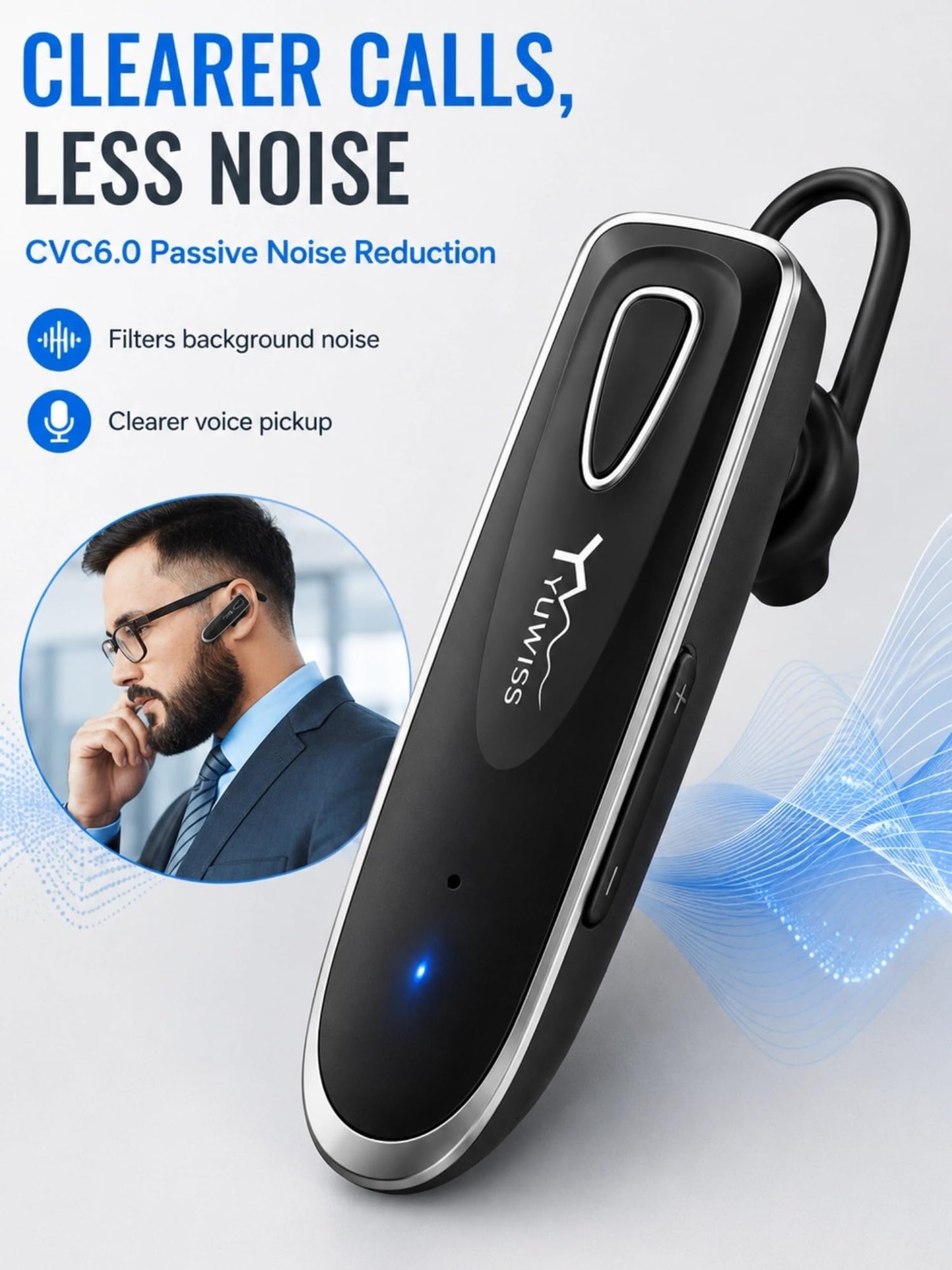 YW YUWISS Bluetooth Earpiece for Cell Phone with Mic Wireless in Ear Earbud Headphones Car Headset with 50 Hours Noise Canceling Hands Free Calling