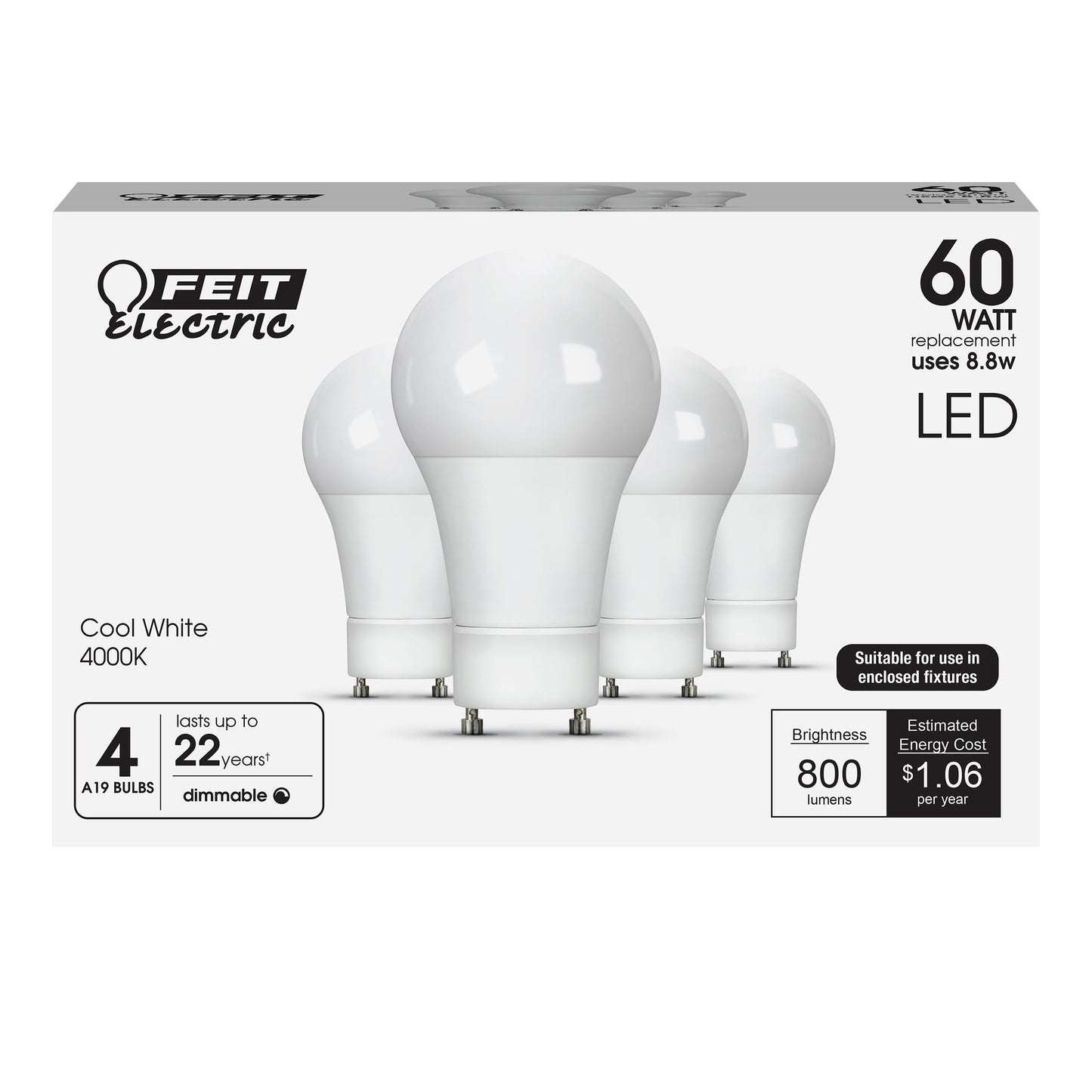Feit Electric A19 LED Light Bulbs, 60W Eq, Cool White, 4-Pack