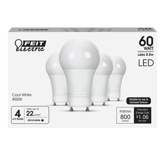 Feit Electric A19 LED Light Bulbs, 60W Eq, Cool White, 4-Pack