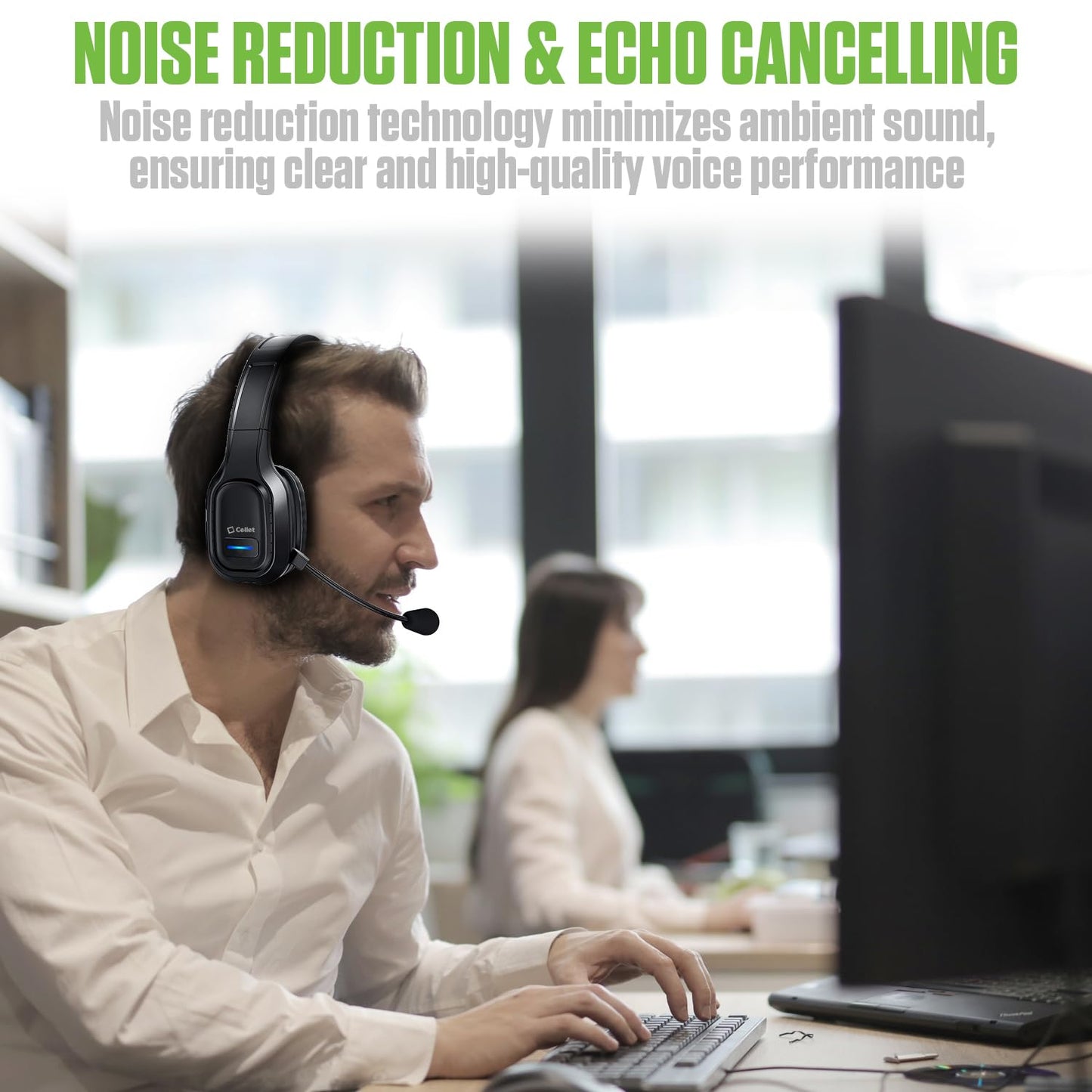 Cellet Overhead Boom Mic Wireless Headset with Noise Cancelling, Echo Reduction, 34H Talk Time, 30ft Range - Adjustable Headband, All-Day Comfort