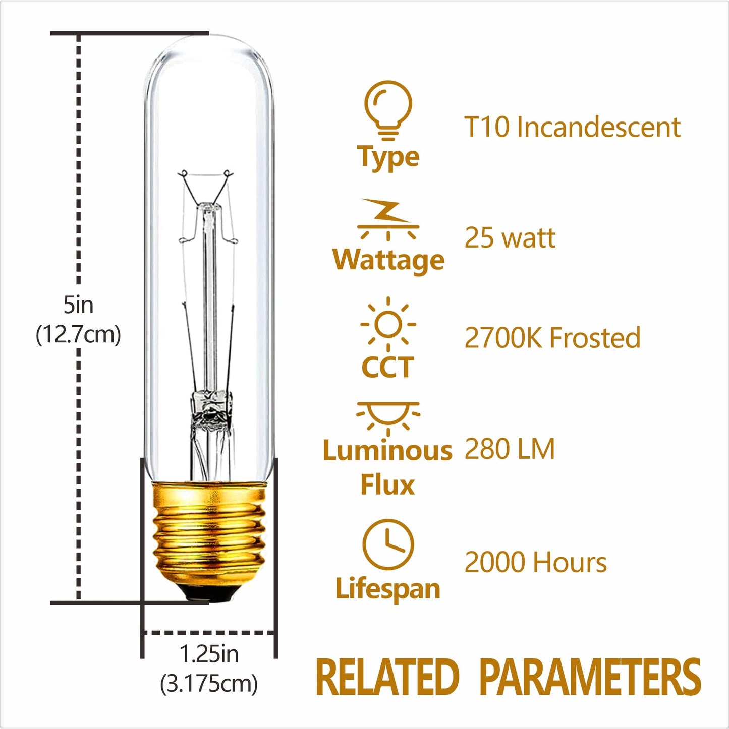 MMBGJKG 25 Watt T10 Clear Tubular Incandescent Light Bulb, T10 Bulb,Vintage Style Showcase Bulb,Showcase lamp,Dimmable for Desk Lamp,Curio