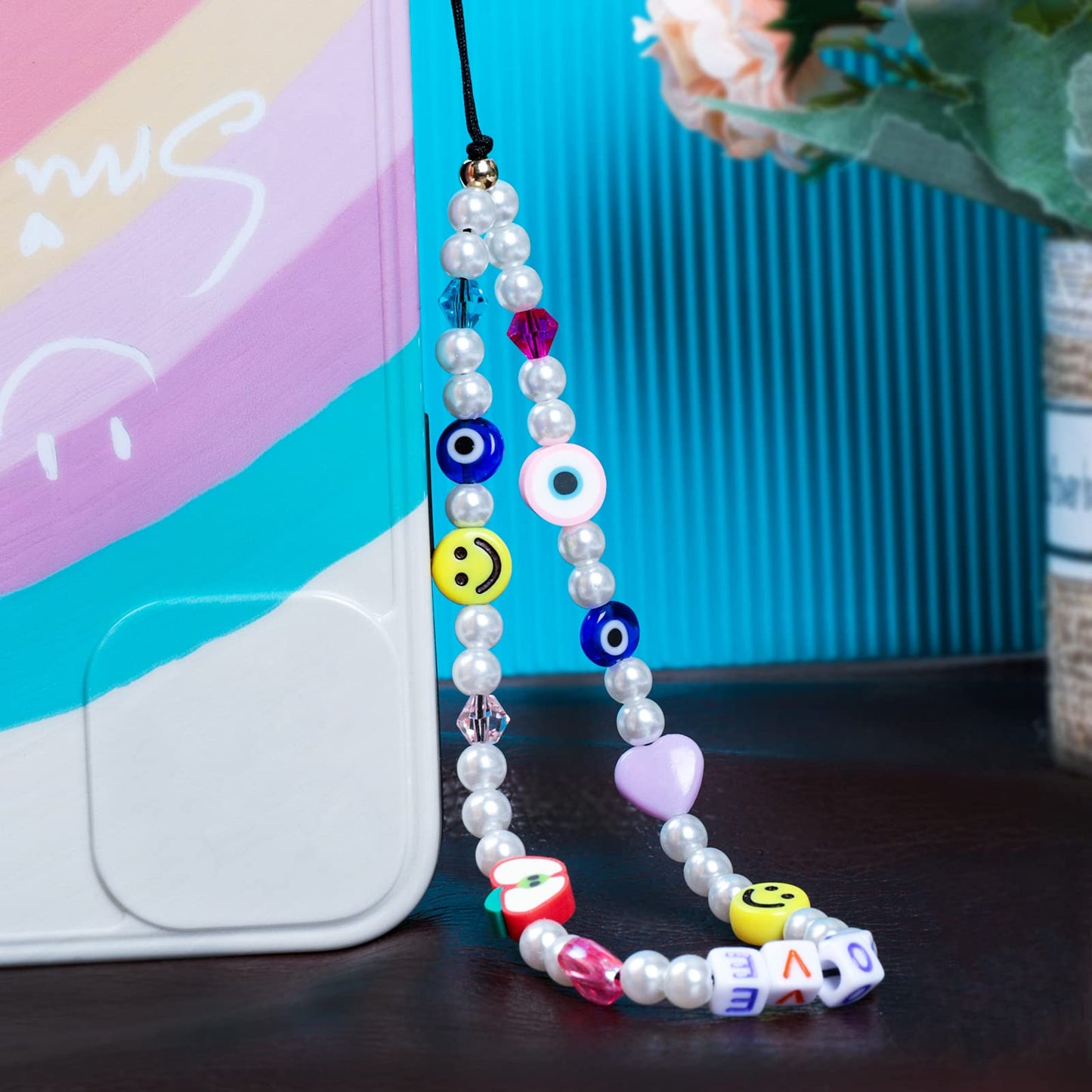Ninelimi 3 Pieces Smile Face Beaded Phone Lanyard Wrist Strap Fruit Star Letter Pearl Handmade Rainbow Polymer Clay Acrylic Beads Pearl Bracelet