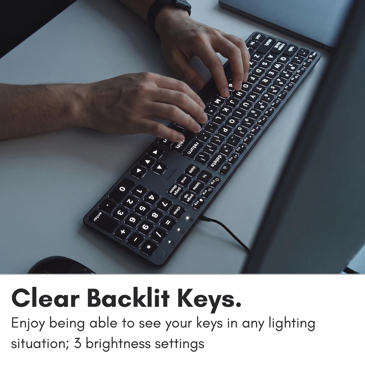 Macally Wired Keyboard for Mac (USB C + A) - Large Print and Backlit for Apple - 107 Key Full Size Large Letters USB C Keyboard for MacBook Pro/Air
