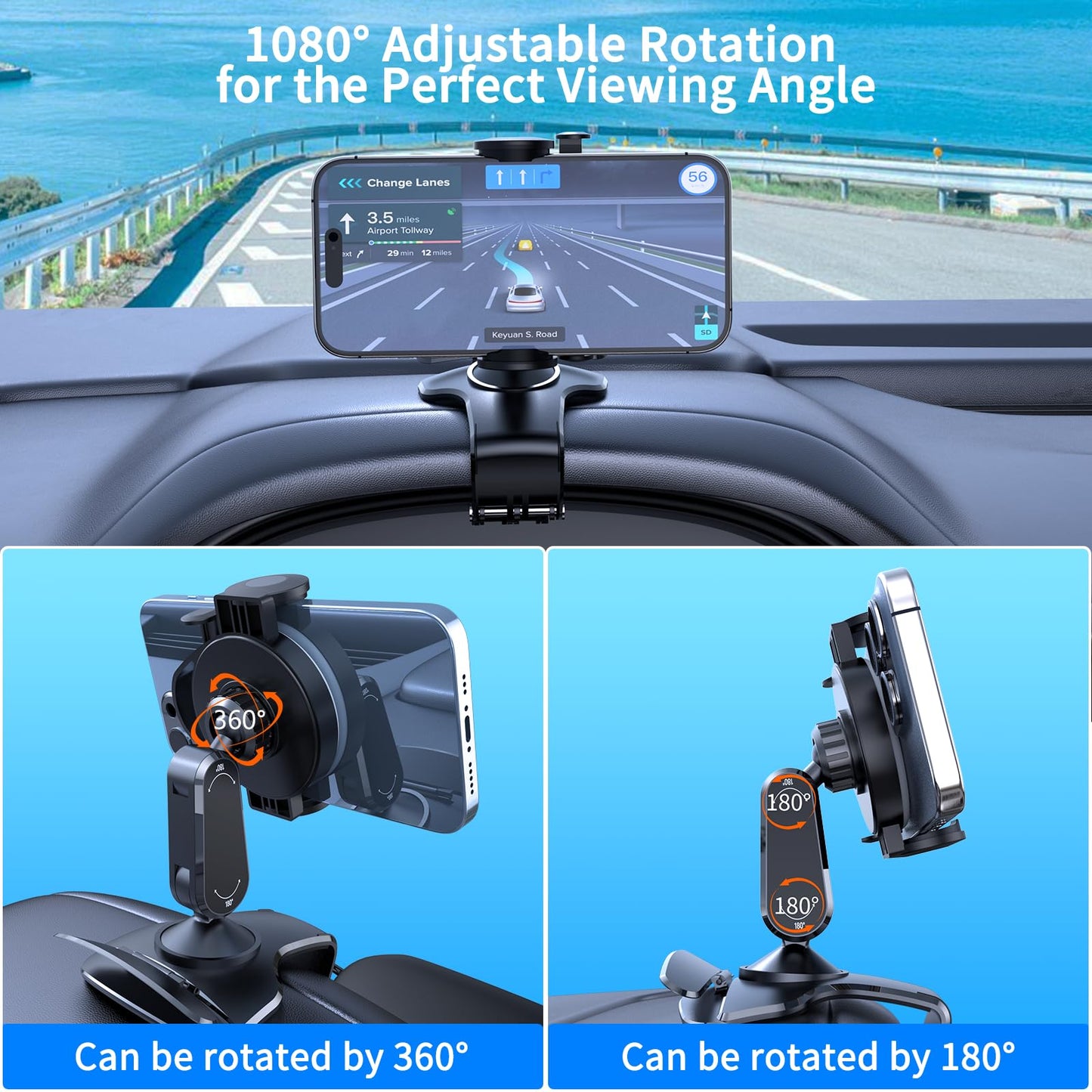 DRPHKTT Universal 360° Rotating Dashboard Phone Holder for Car - Spring Clip Car Phone Mount, No Adhesive No Tools, Multi-Angle Adjustable Clip-On