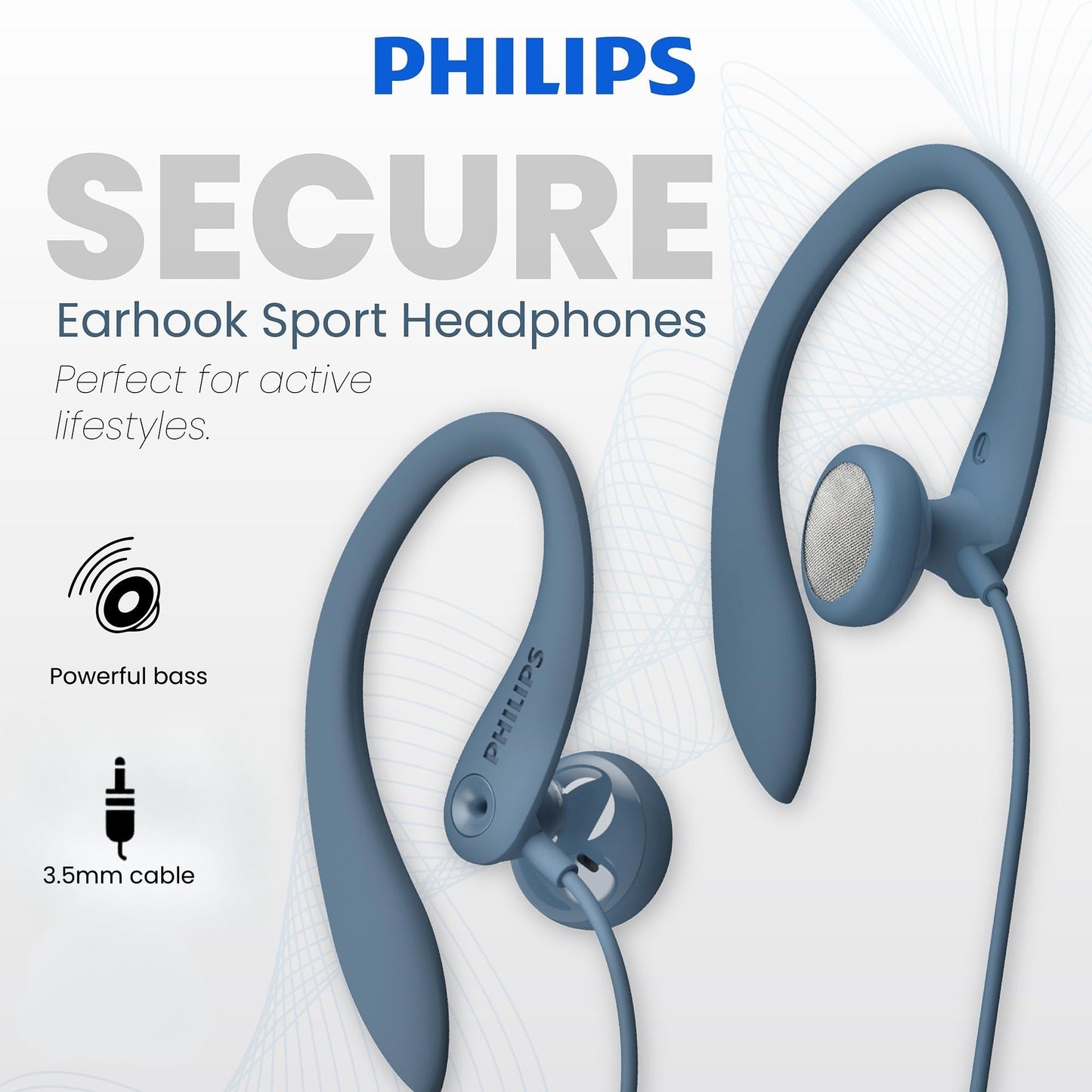 Philips SHS3200BL Flexible Earhook Headphones, Blue