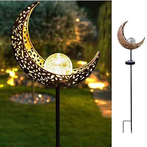 HDNICEZM Solar Garden Light Outdoor Decorative, Moon Decor Crackle Glass Globe Garden Stake Metal Lights?Waterproof Warm White LED for Pathway, Lawn