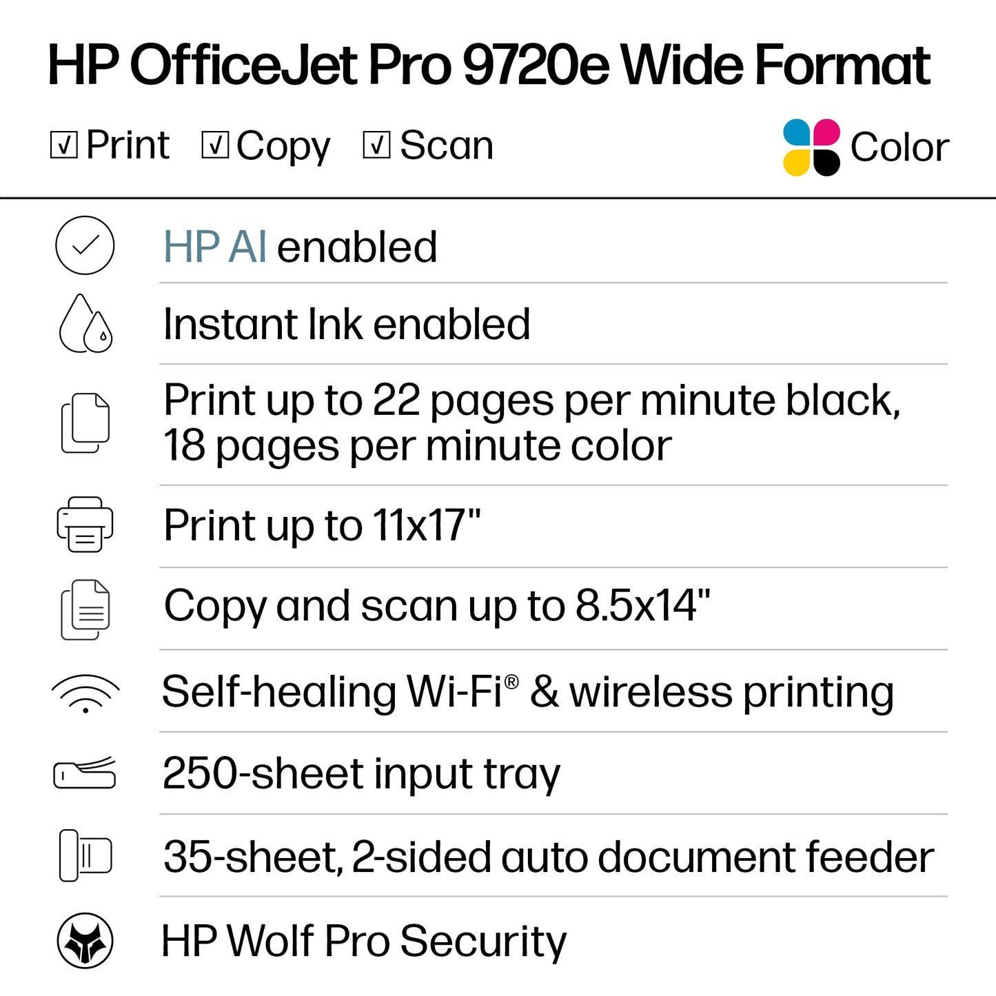 HP OfficeJet Pro 9720e Wide Format Wireless All-in-One Color Inkjet Printer, Print, scan, Copy, ADF, Duplex Printing Best for Office, 3 Month Instant