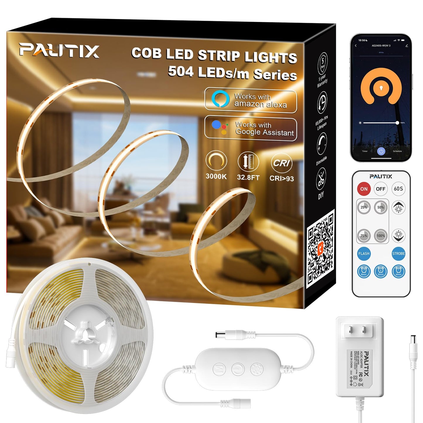 PAUTIX White LED Strip Lights 3000K,Dimmable cob led 32.8ft/10m DC24V Warm White LED Strip Lights,High Lumen Tape Lights Kit,Work with Alexa/Google