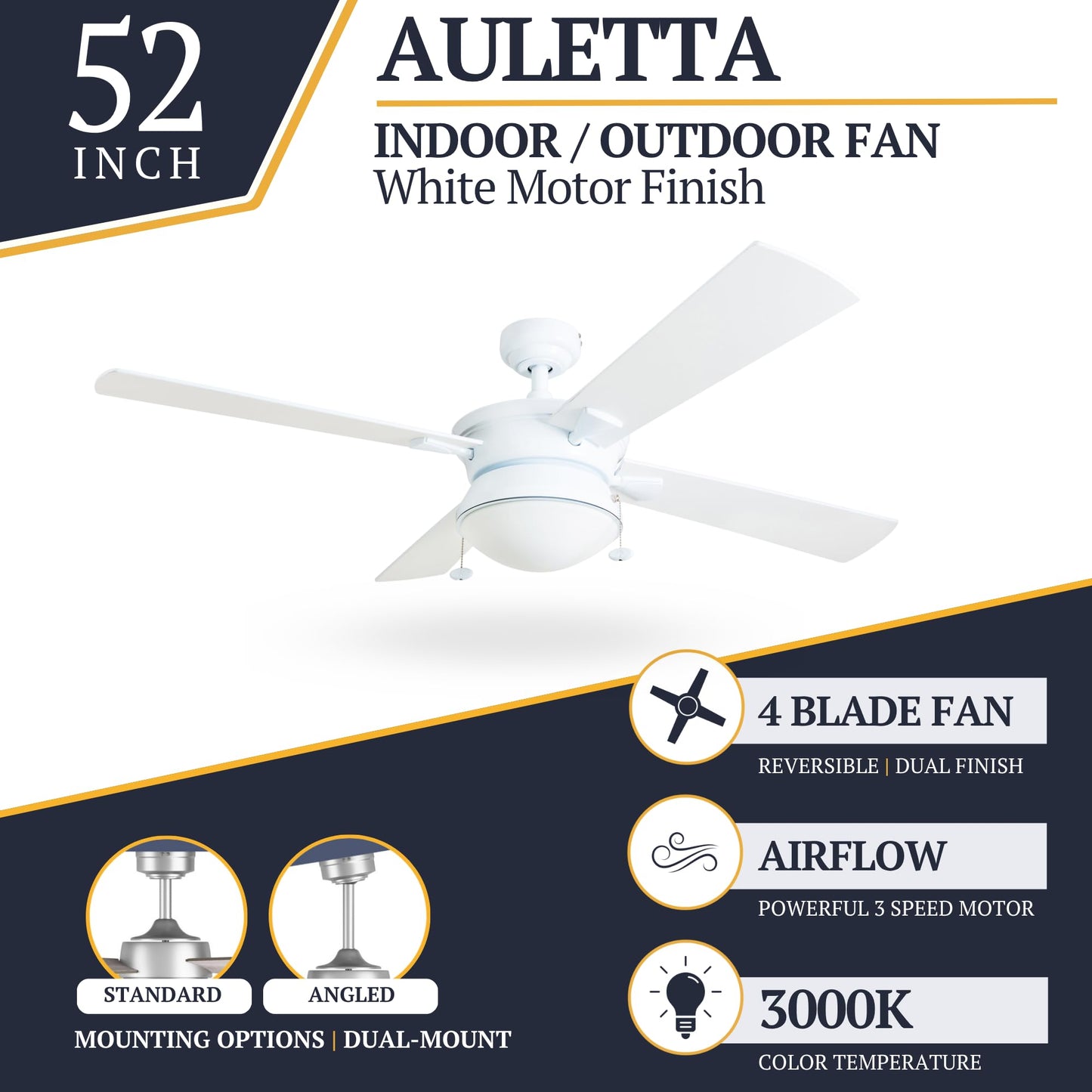 Prominence Home Auletta, 52 Inch Contemporary Indoor Outdoor Ceiling Fan with Light, Pull Chain, Dual Mounting Options, Dual Finish Blades, Reversible