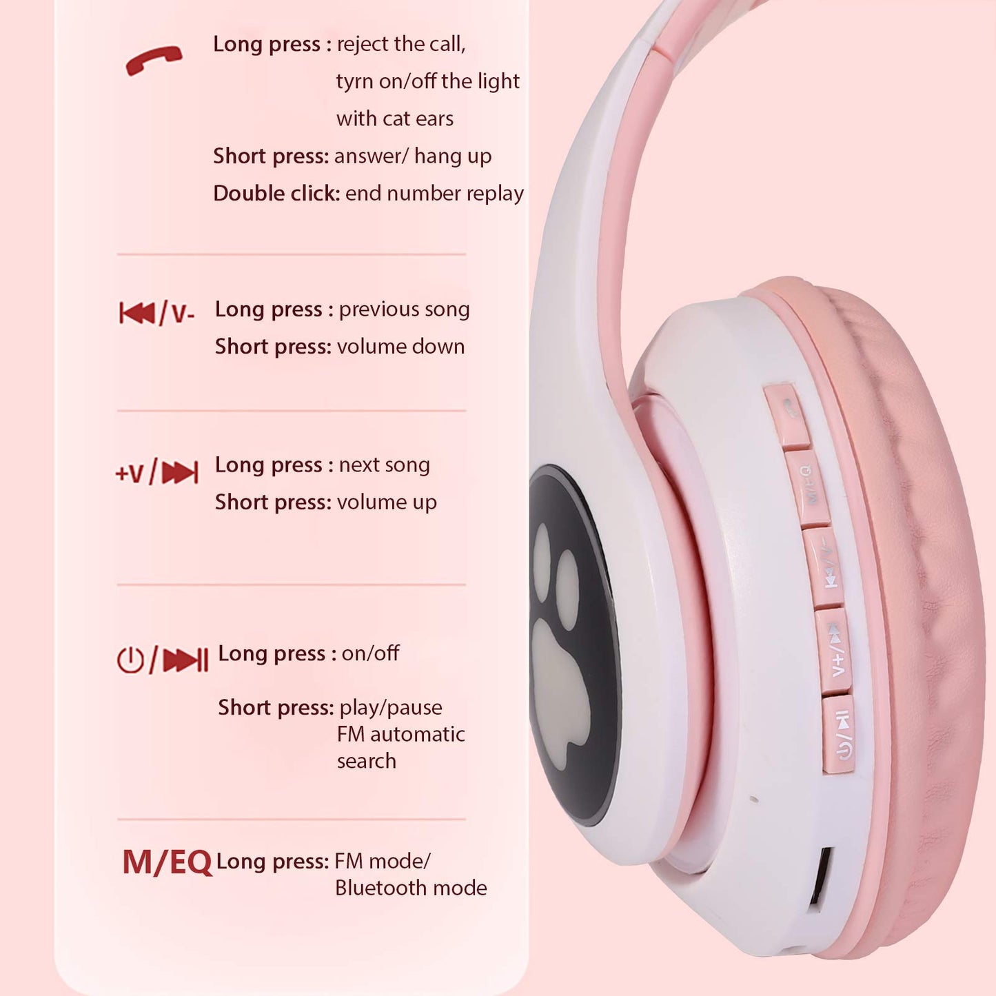 TCJJ Bluetooth 6.0 Cat Ear Kids Headphones for Girls, LED Light Up, 85dB Safe Volume Limit, Stereo Sound Toddler Foldable Wireless & 3.5mm Wired…