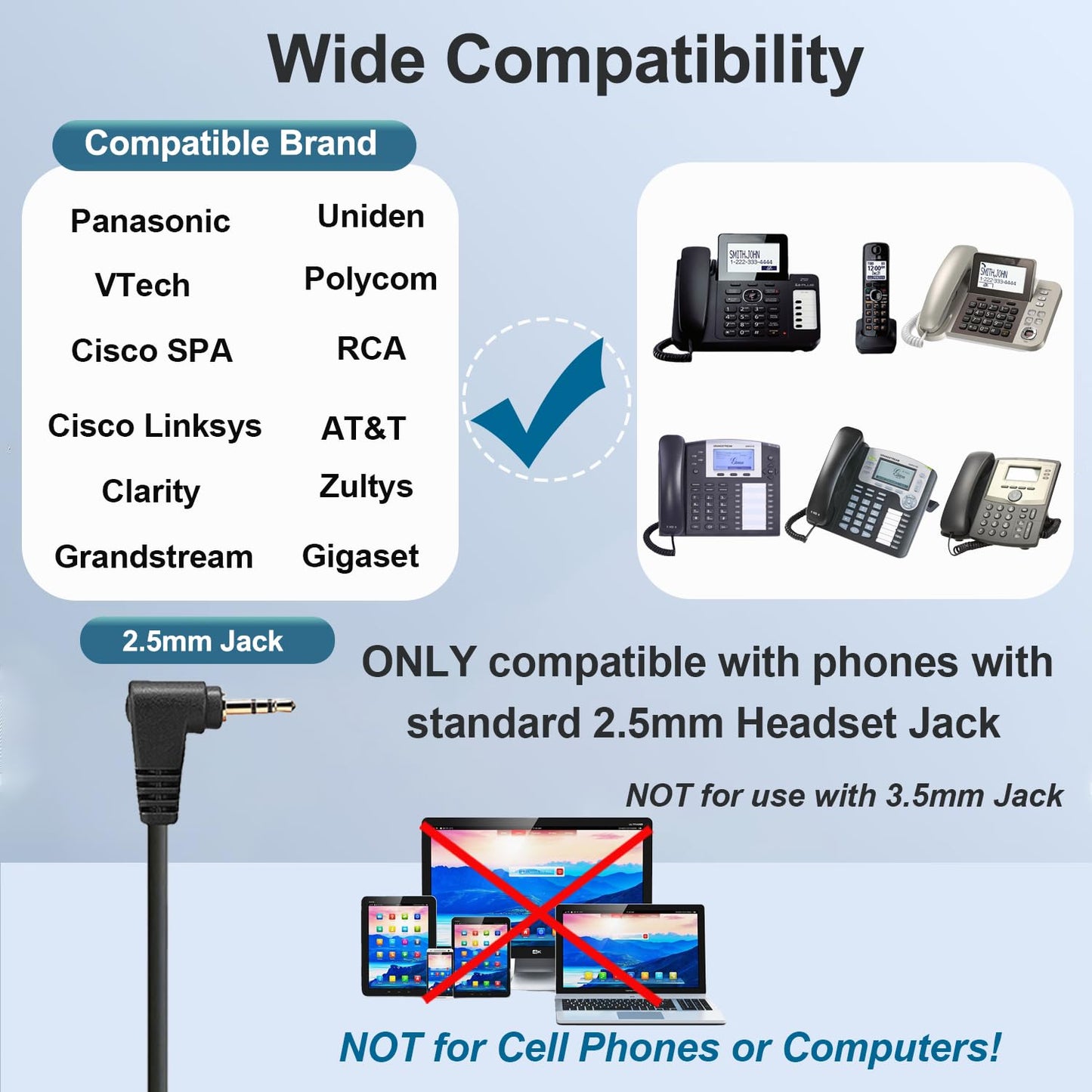 2.5mm Phone Headset with Microphone Noise Cancelling & Volume Controls, Office Telephone Headphone Compatible with Panasonic AT&T VTech RCA Cisco SPA