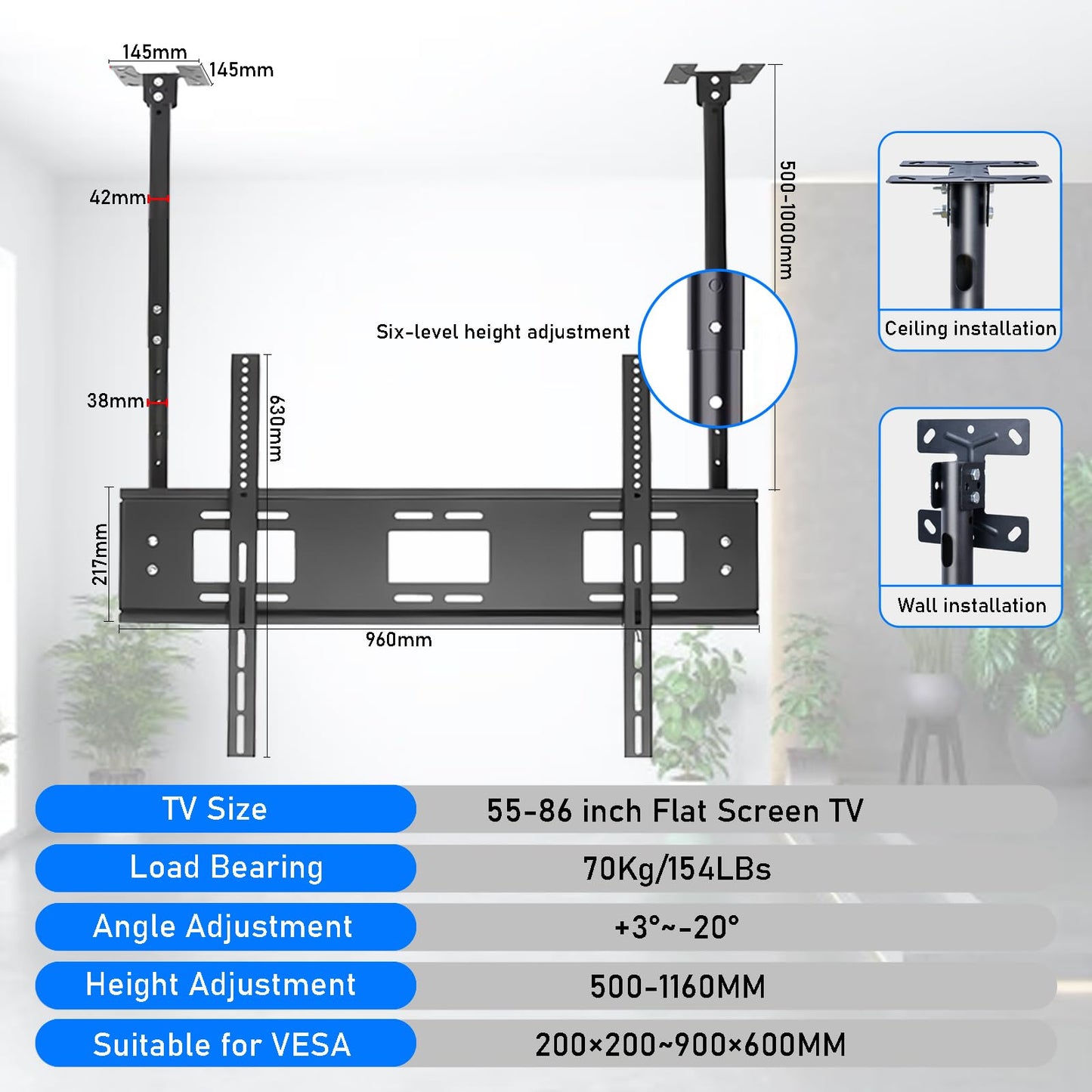 Ceiling tv Mount for 55-86 inch Flat Screen Displays, Height Adjustable,Tilt Ceiling Mount TV Bracket, Hanging tv Mount Holds up to 154lbs, Max VESA